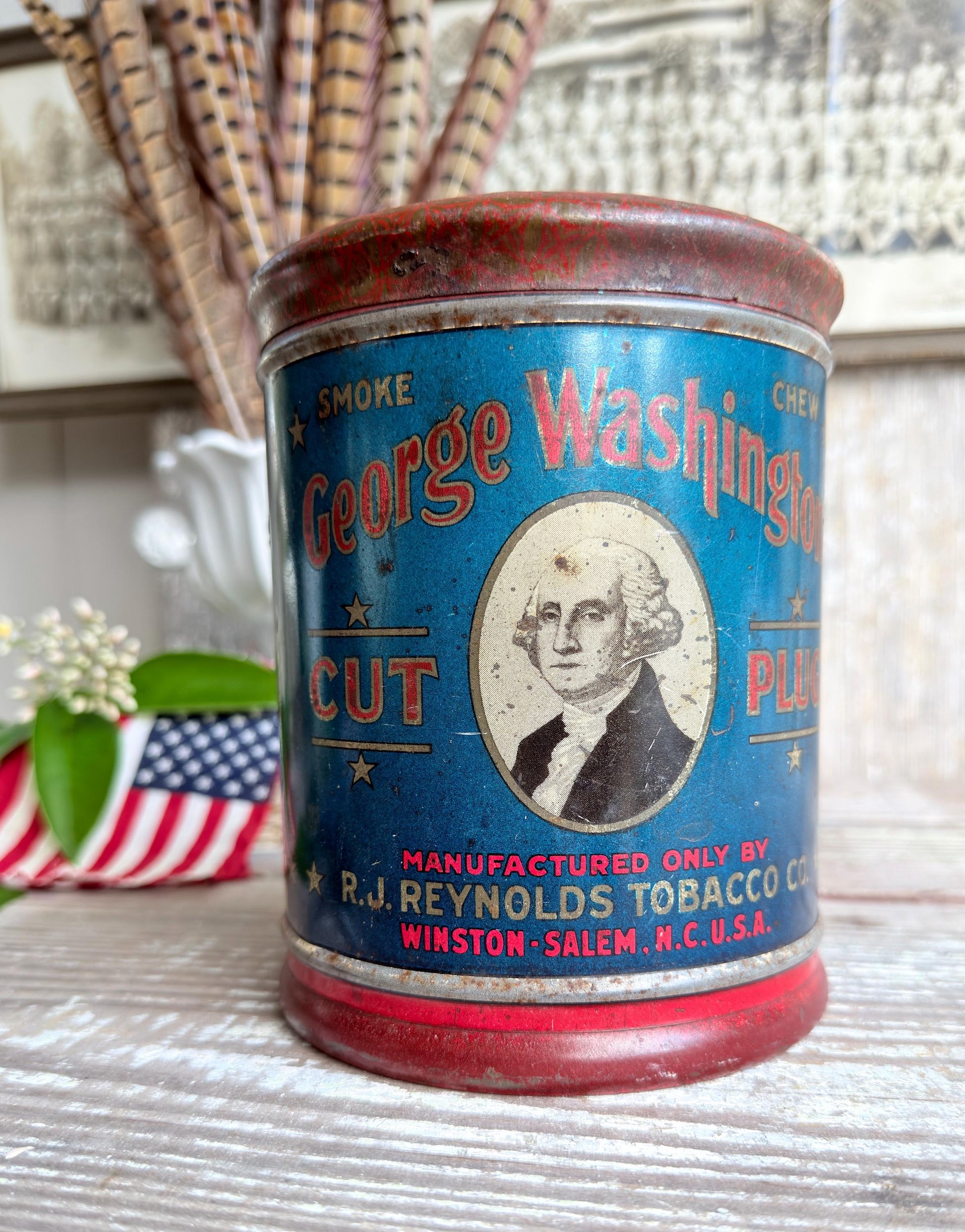 Antique Washington Tobacco Tin Americana Advertising Patriotic Farmhouee Decor