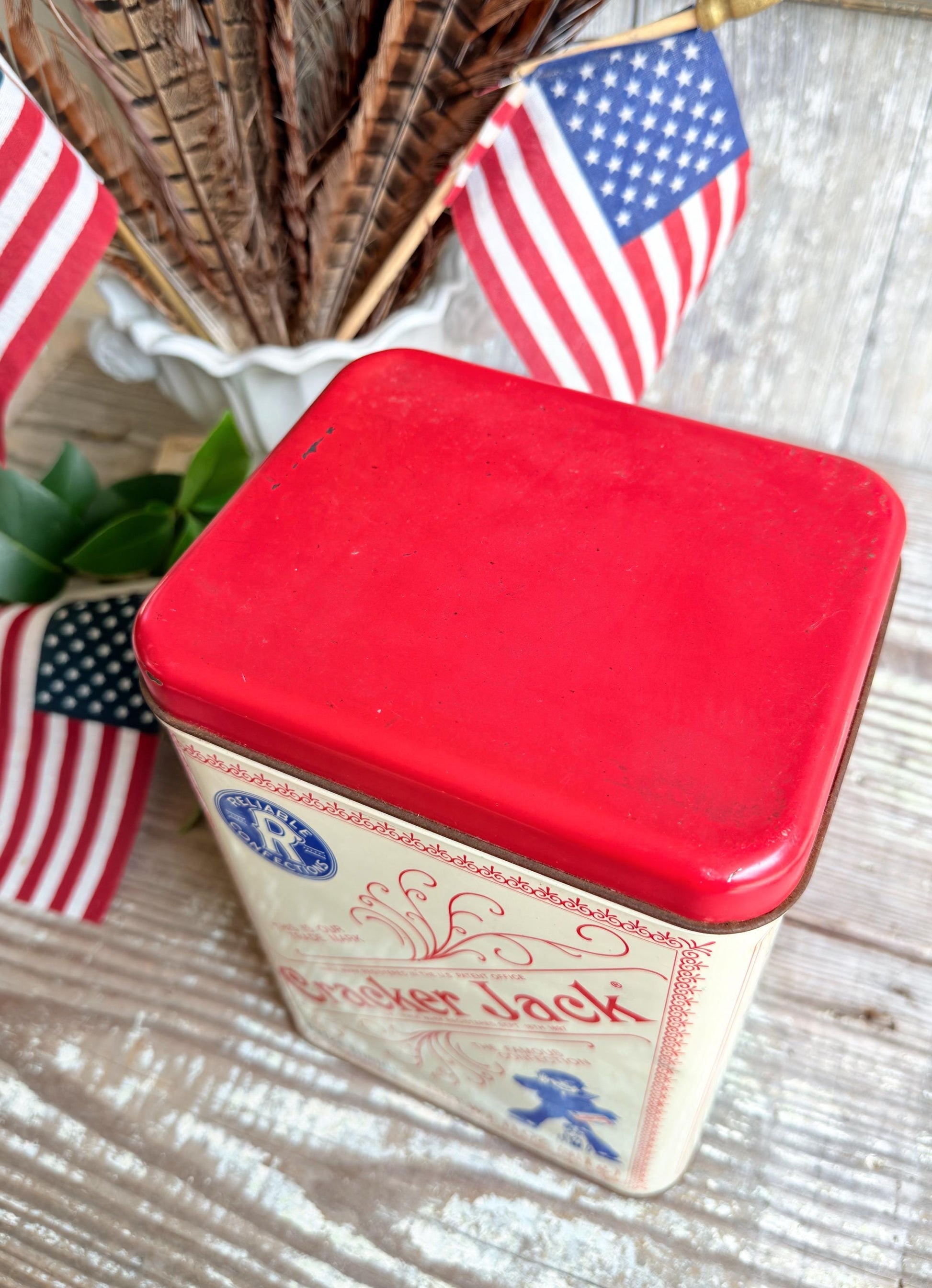 Vintage CRACKER JACK RECTANGLE Tin Can Red White Blue Farmhouse Americana Decor Rare
