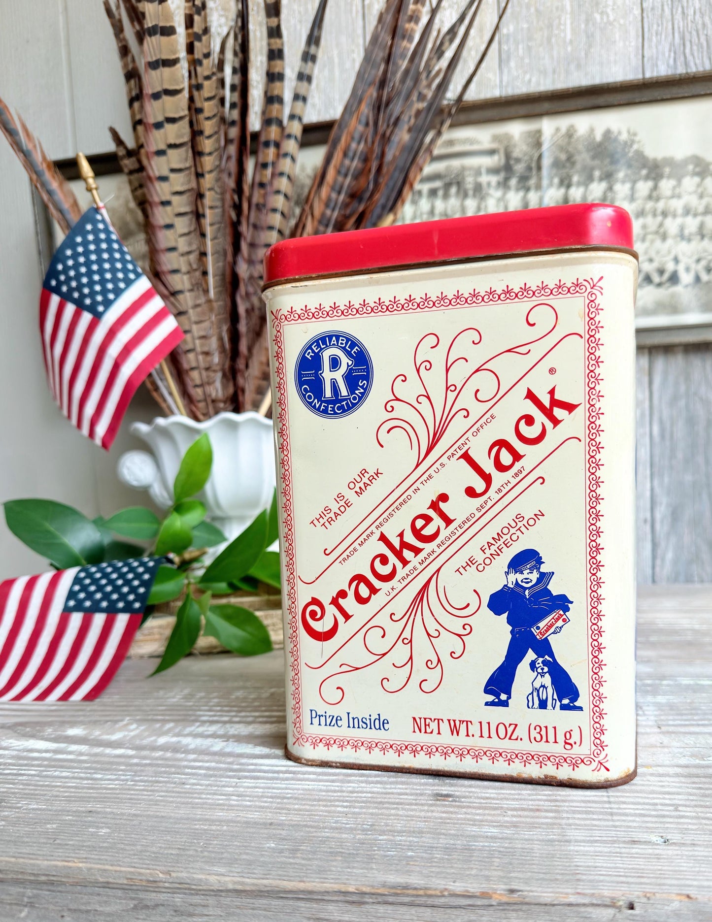Vintage CRACKER JACK RECTANGLE Tin Can Red White Blue Farmhouse Americana Decor Rare