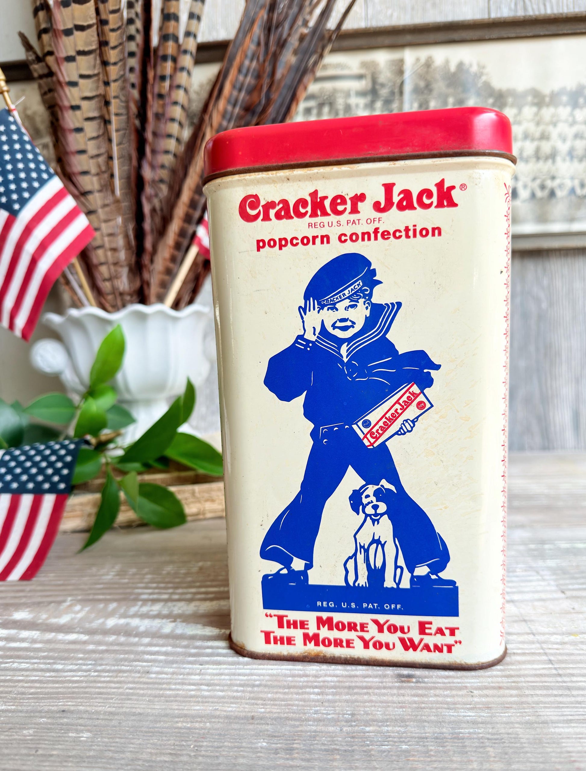 Vintage CRACKER JACK RECTANGLE Tin Can Red White Blue Farmhouse Americana Decor Rare