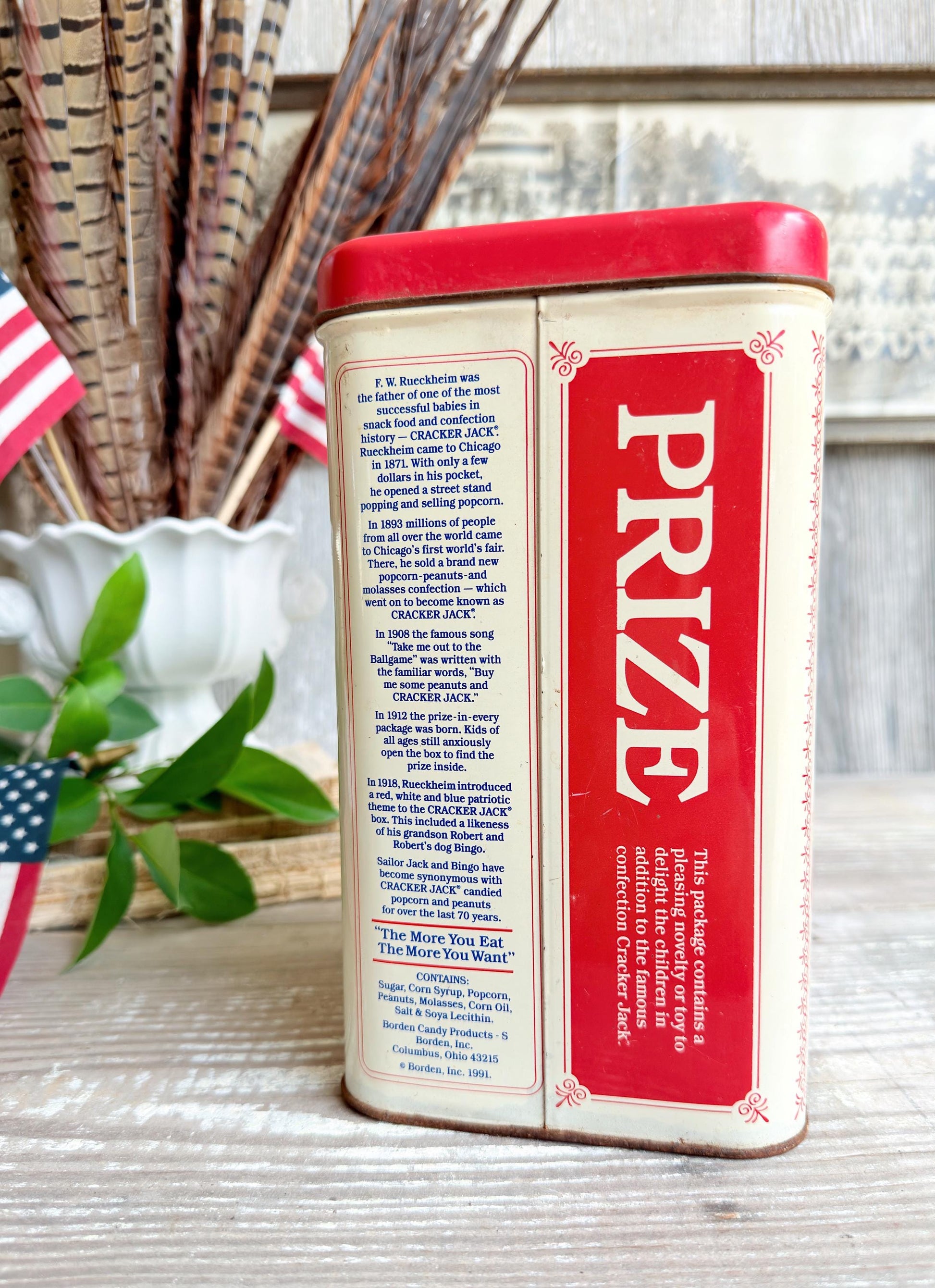 Vintage CRACKER JACK RECTANGLE Tin Can Red White Blue Farmhouse Americana Decor Rare