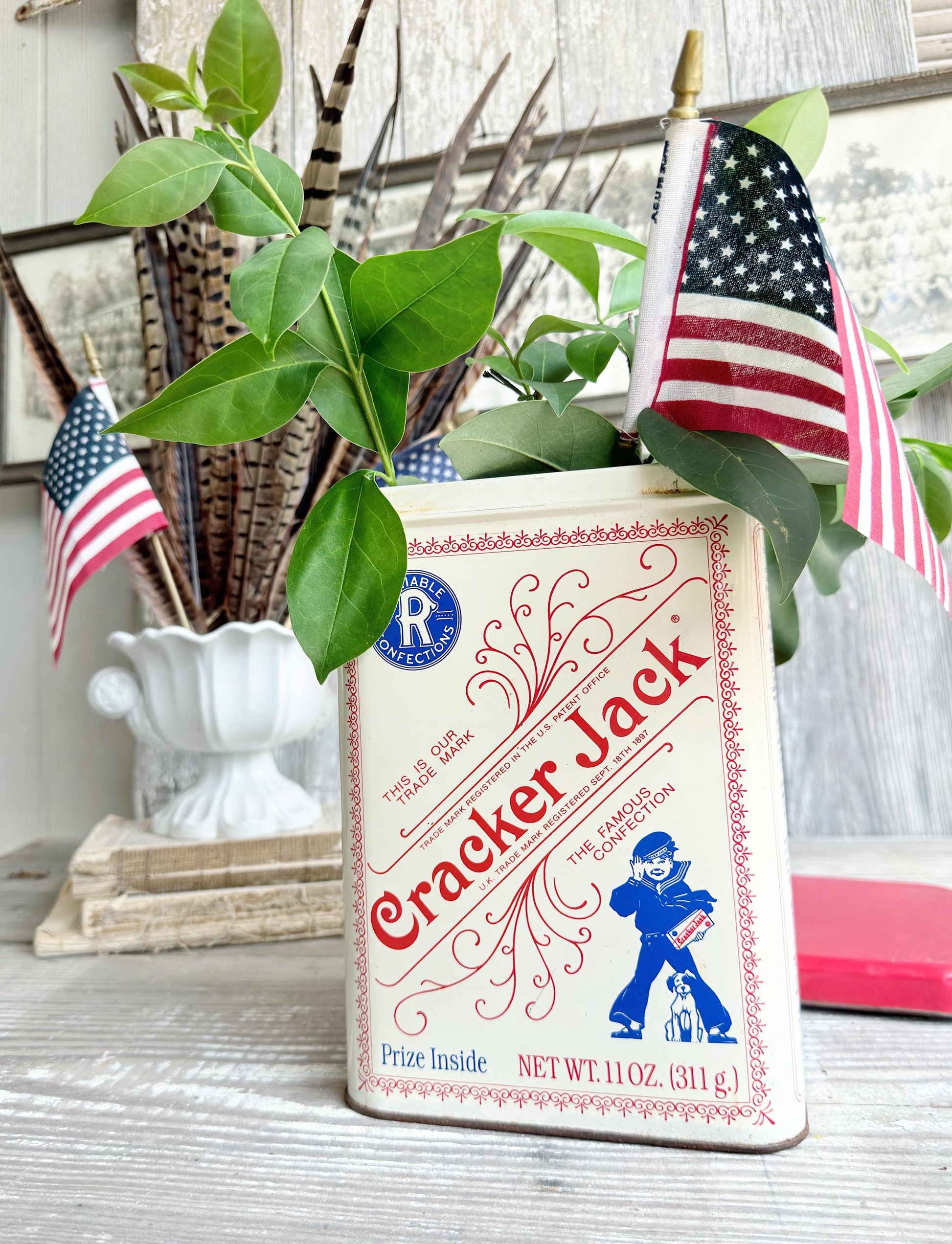 Vintage CRACKER JACK RECTANGLE Tin Can Red White Blue Farmhouse Americana Decor Rare