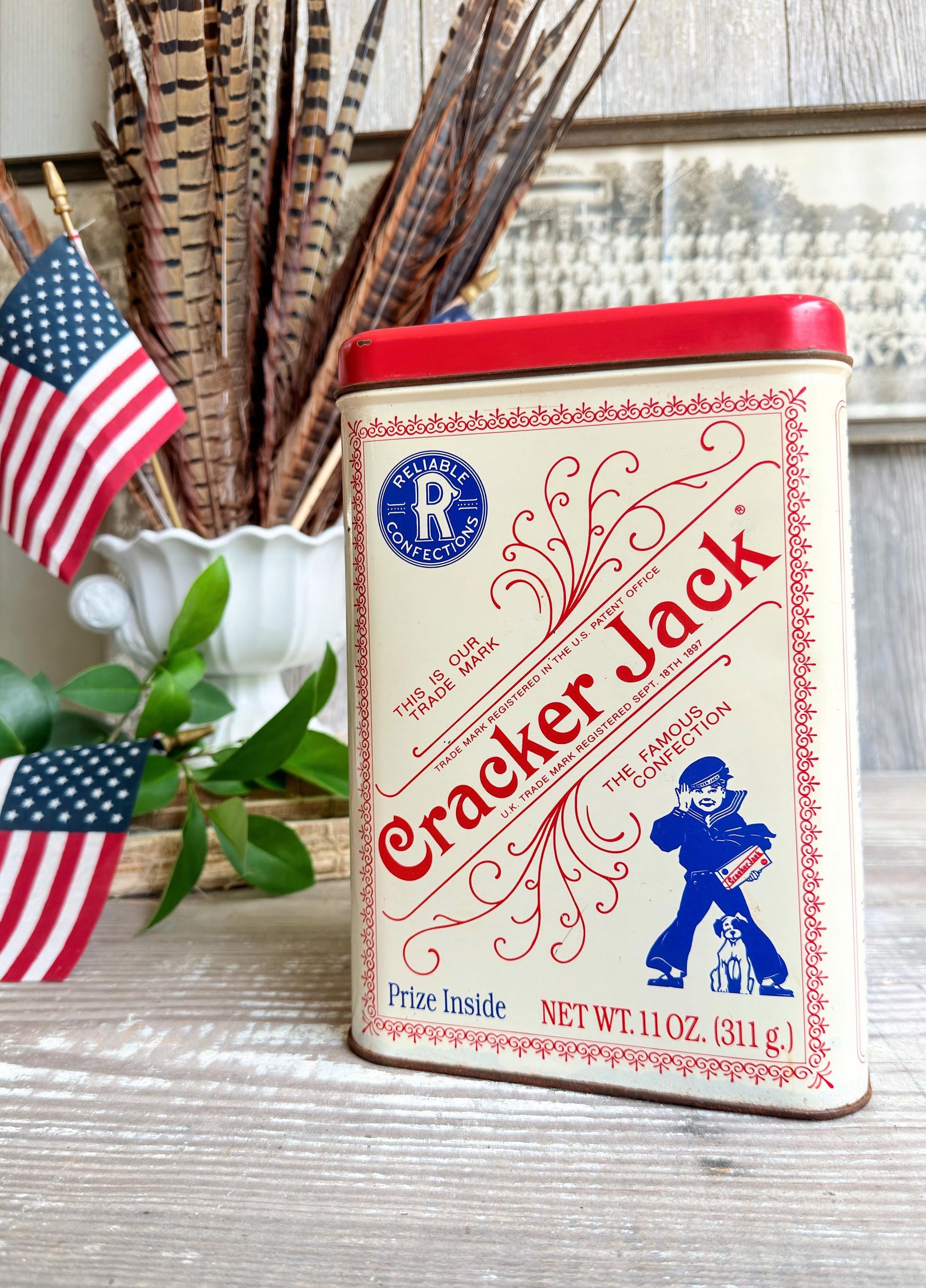 Vintage CRACKER JACK RECTANGLE Tin Can Red White Blue Farmhouse Americana Decor Rare