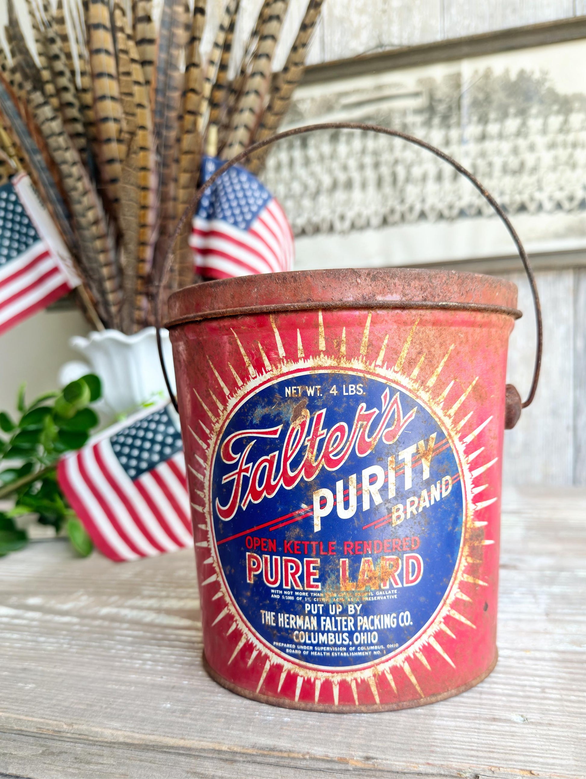Vintage Falters Purity Lard Tin Pail 4 Pound Americana Advertising Farmhouse