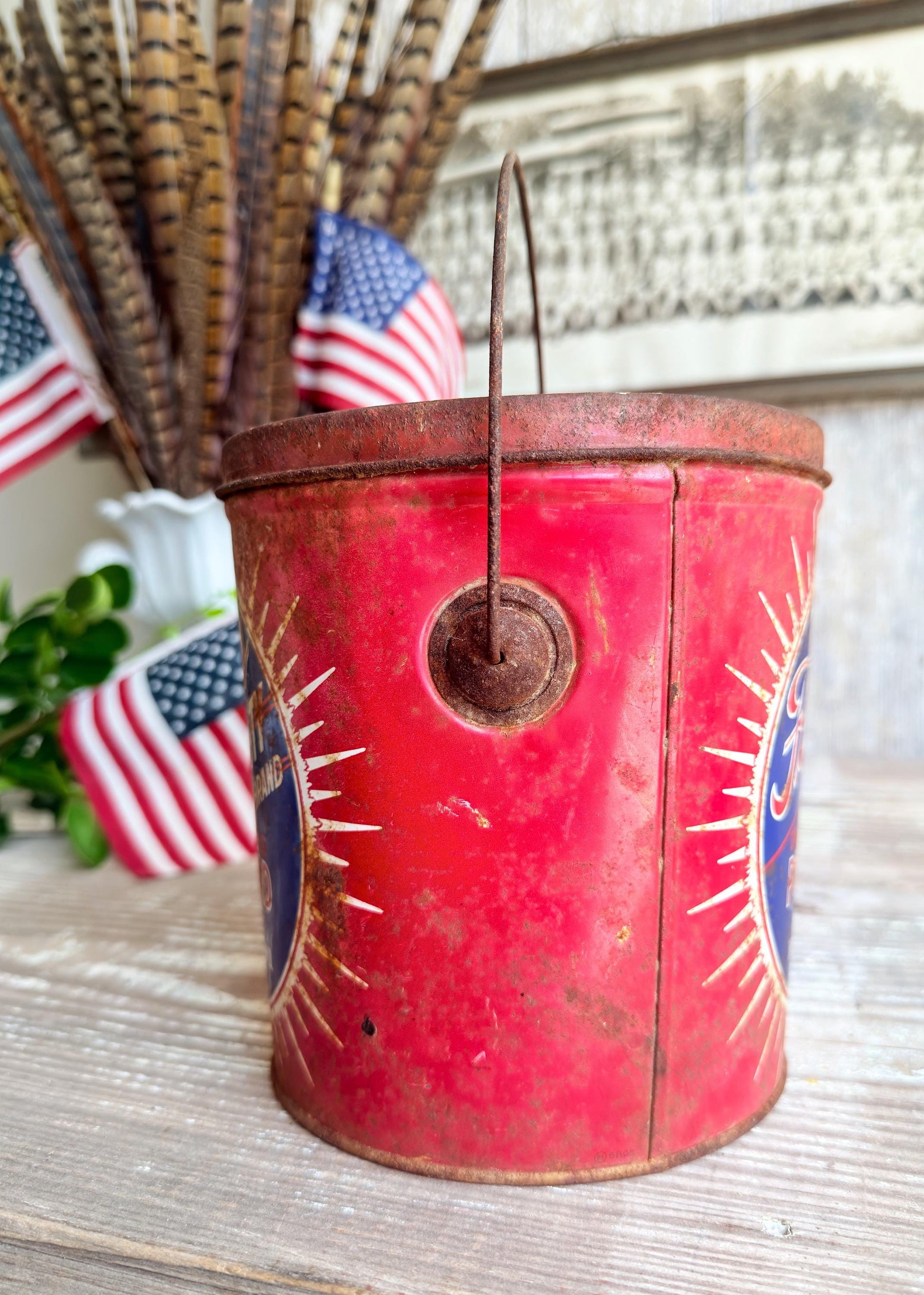 Vintage Falters Purity Lard Tin Pail 4 Pound Americana Advertising Farmhouse