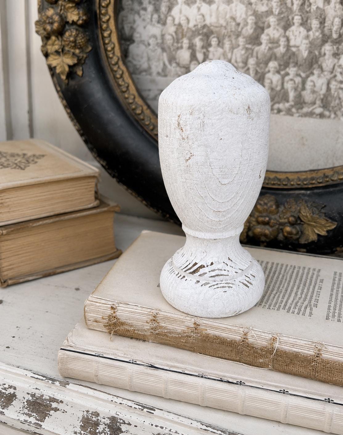 Vintage Chippy White Wood BALL Finial Newell Post Cap Carved Wood