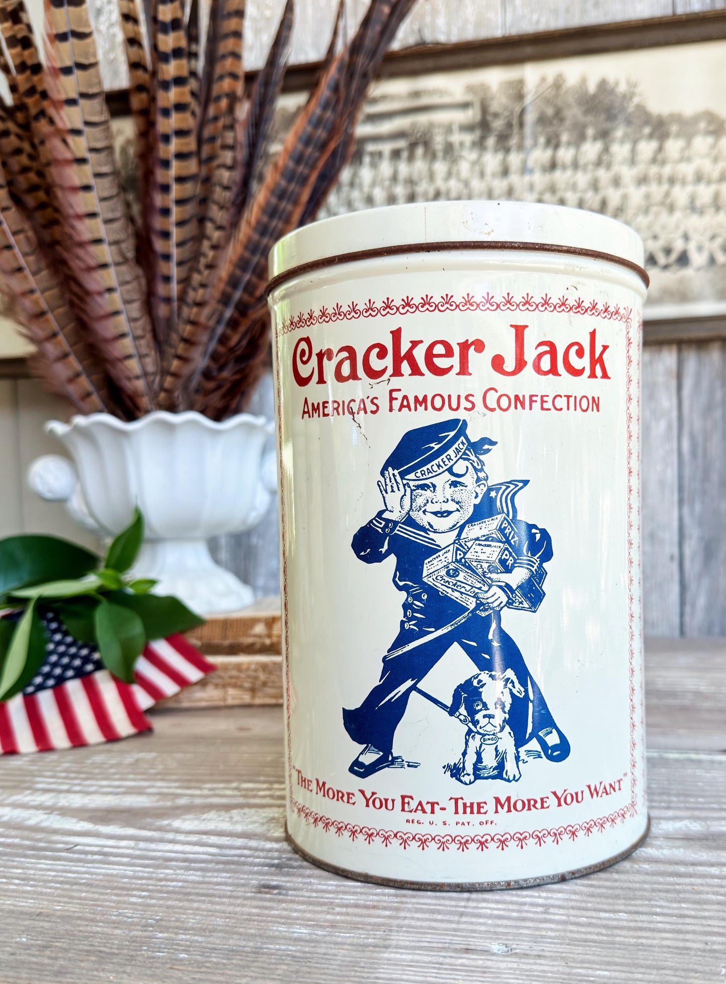 Vintage CRACKER JACK Tin Can Red White Blue Farmhouse Americana Decor