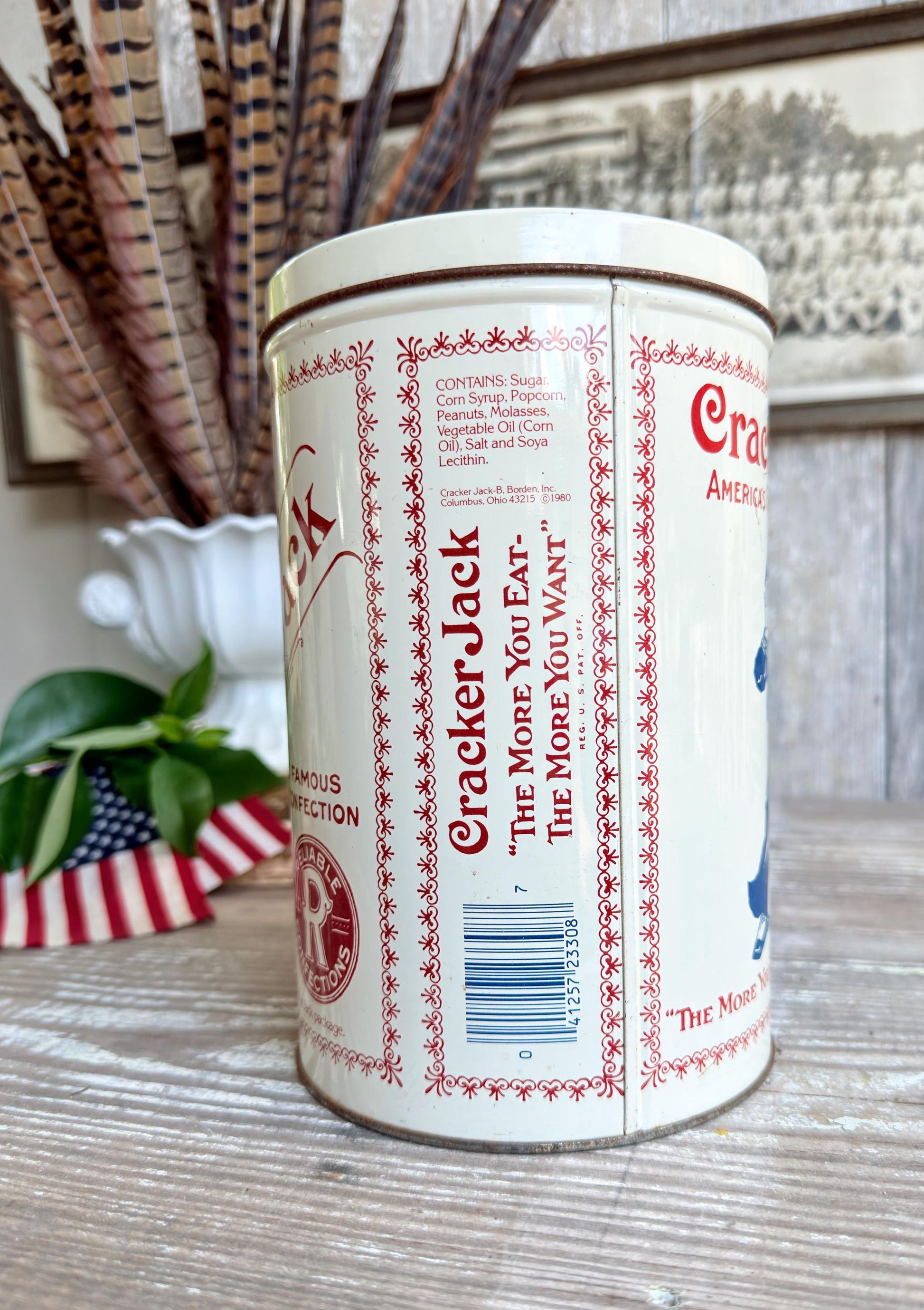 Vintage CRACKER JACK Tin Can Red White Blue Farmhouse Americana Decor