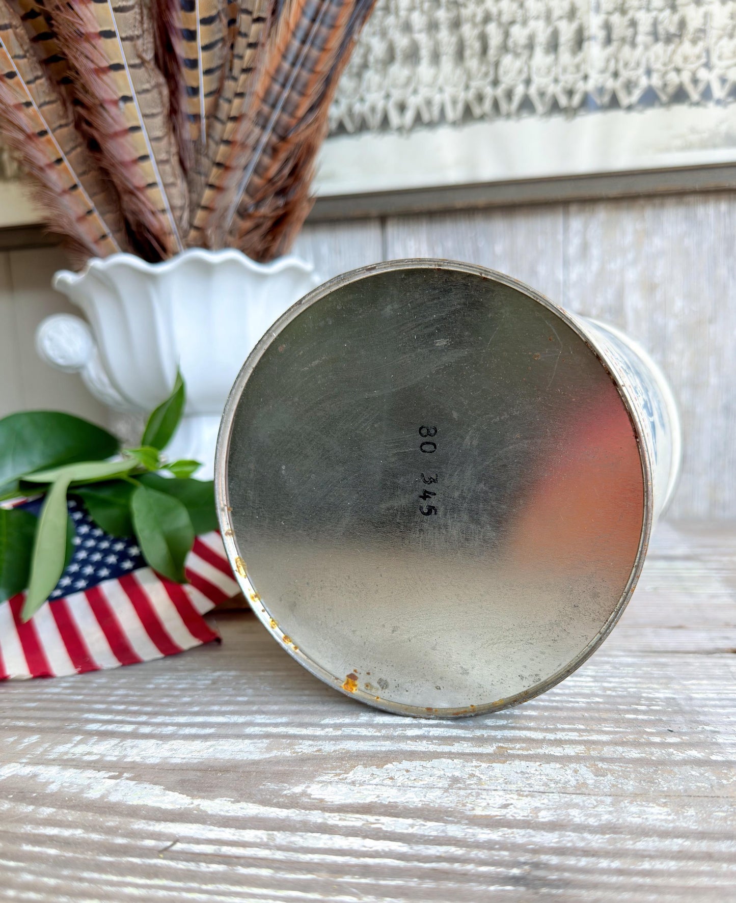 Vintage CRACKER JACK Tin Can Red White Blue Farmhouse Americana Decor