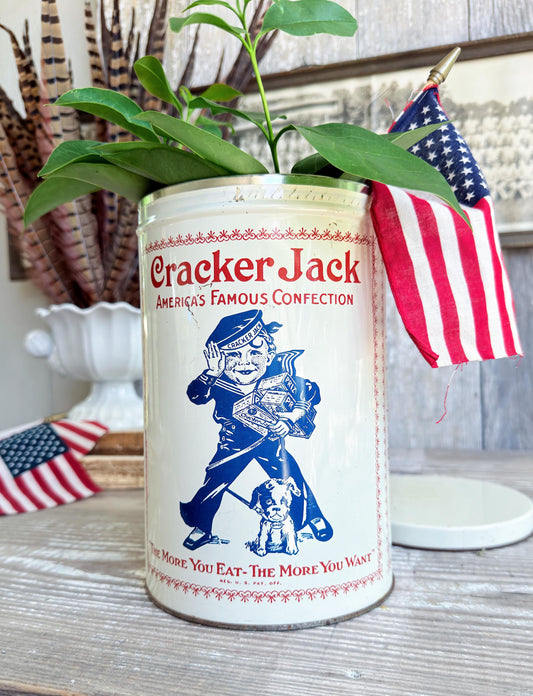 Vintage CRACKER JACK Tin Can Red White Blue Farmhouse Americana Decor