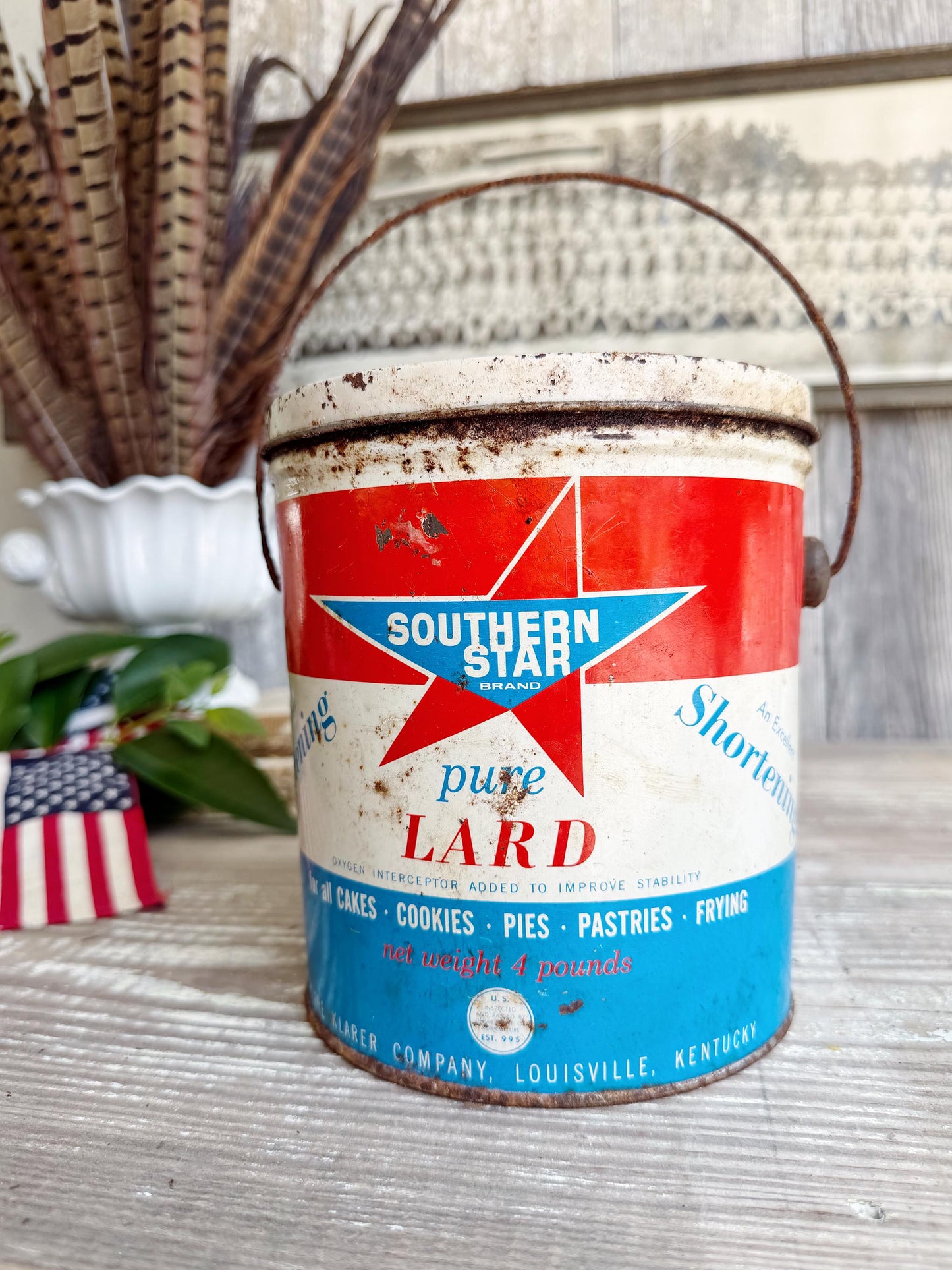 Vintage Southern Star Lard Tin Pail Americana Advertising Farmhouse Decor