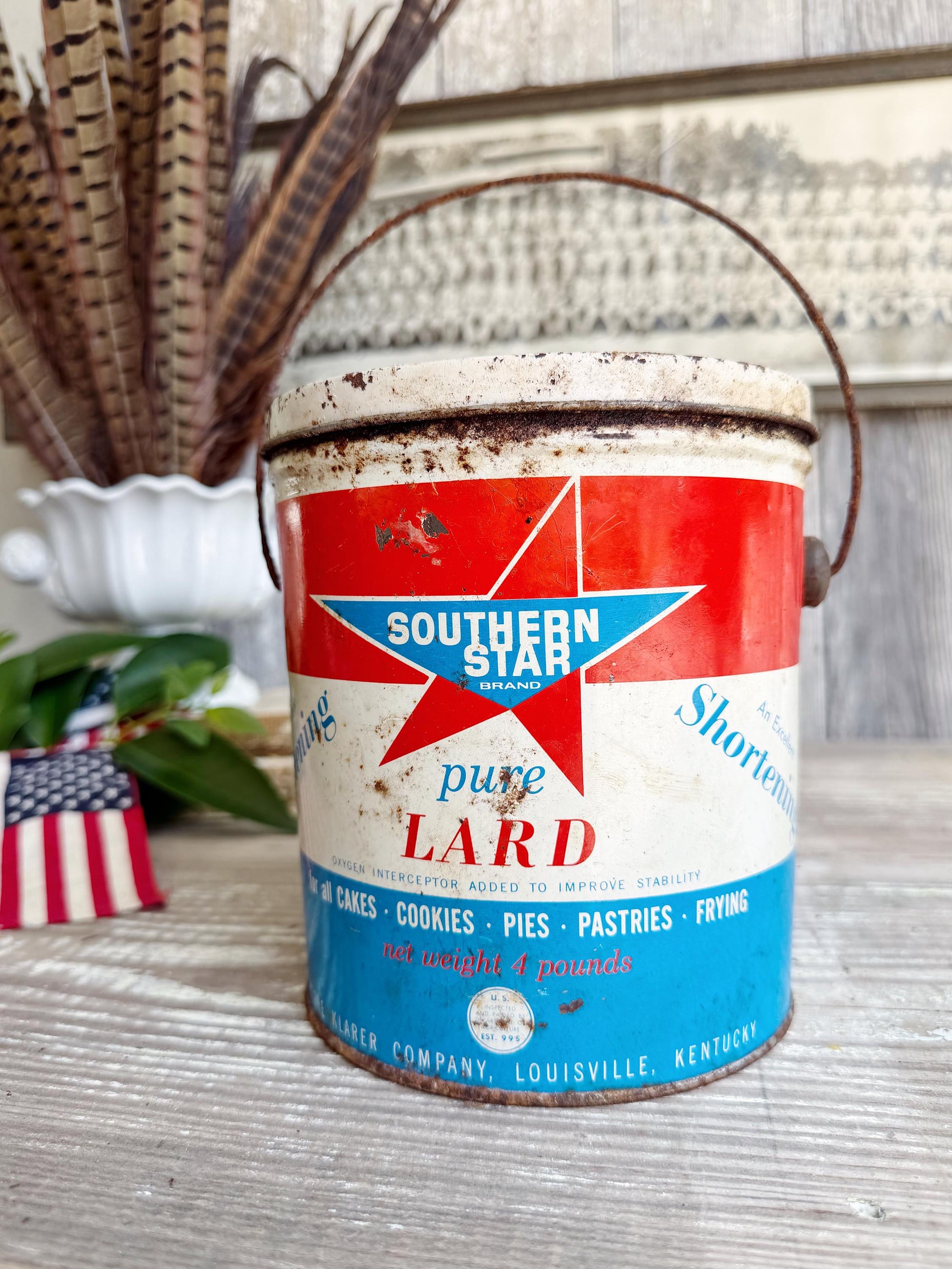 Vintage Southern Star Lard Tin Pail Americana Advertising Farmhouse Decor