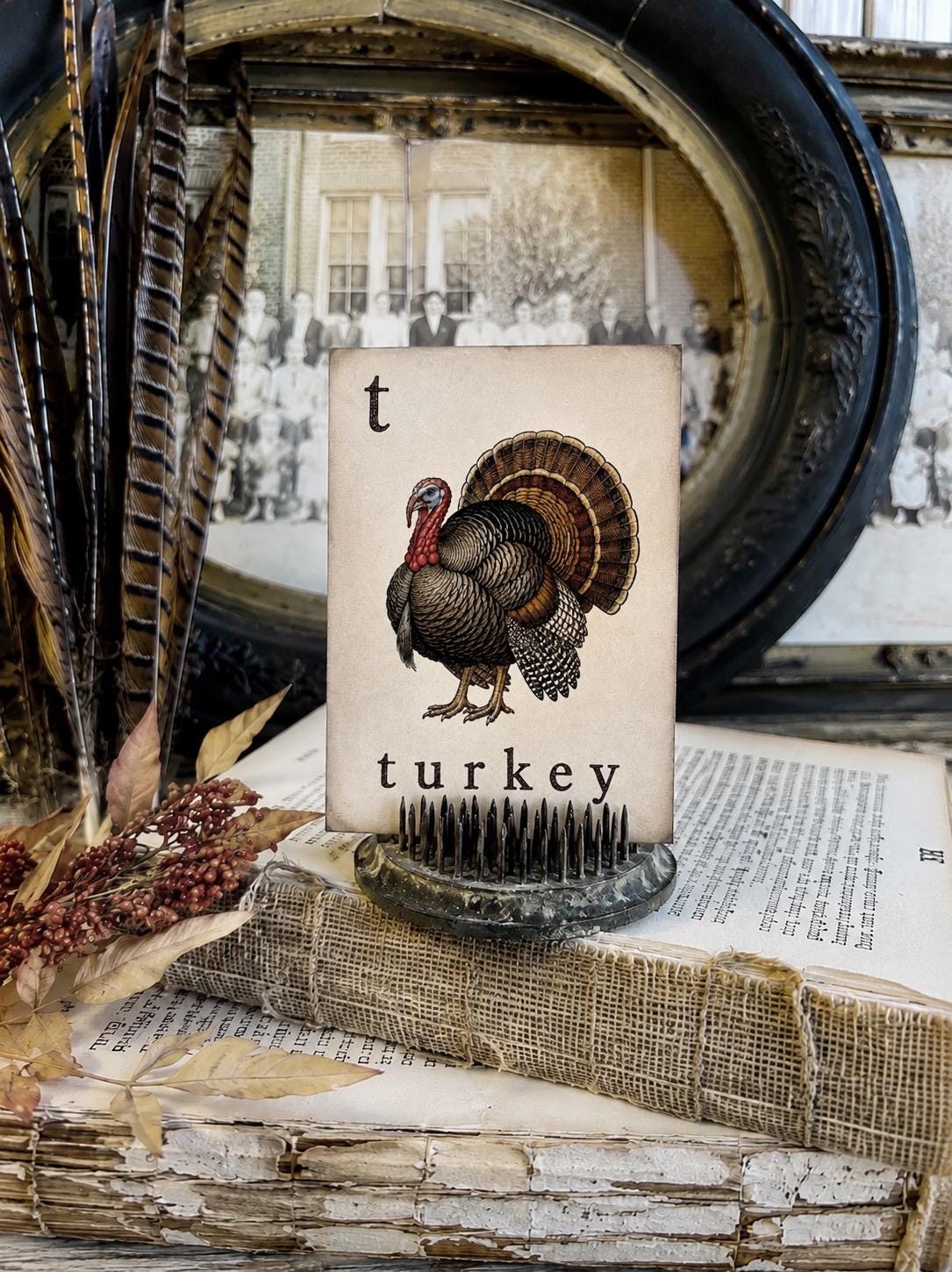 TURKEY Flash Card Vintage Farmhouse Fall Thanksgiving Autumn Decor Party