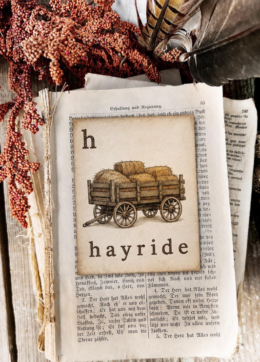 HAYRIDE Flash Card Vintage Farmhouse Fall Halloween Autumn Decor Party