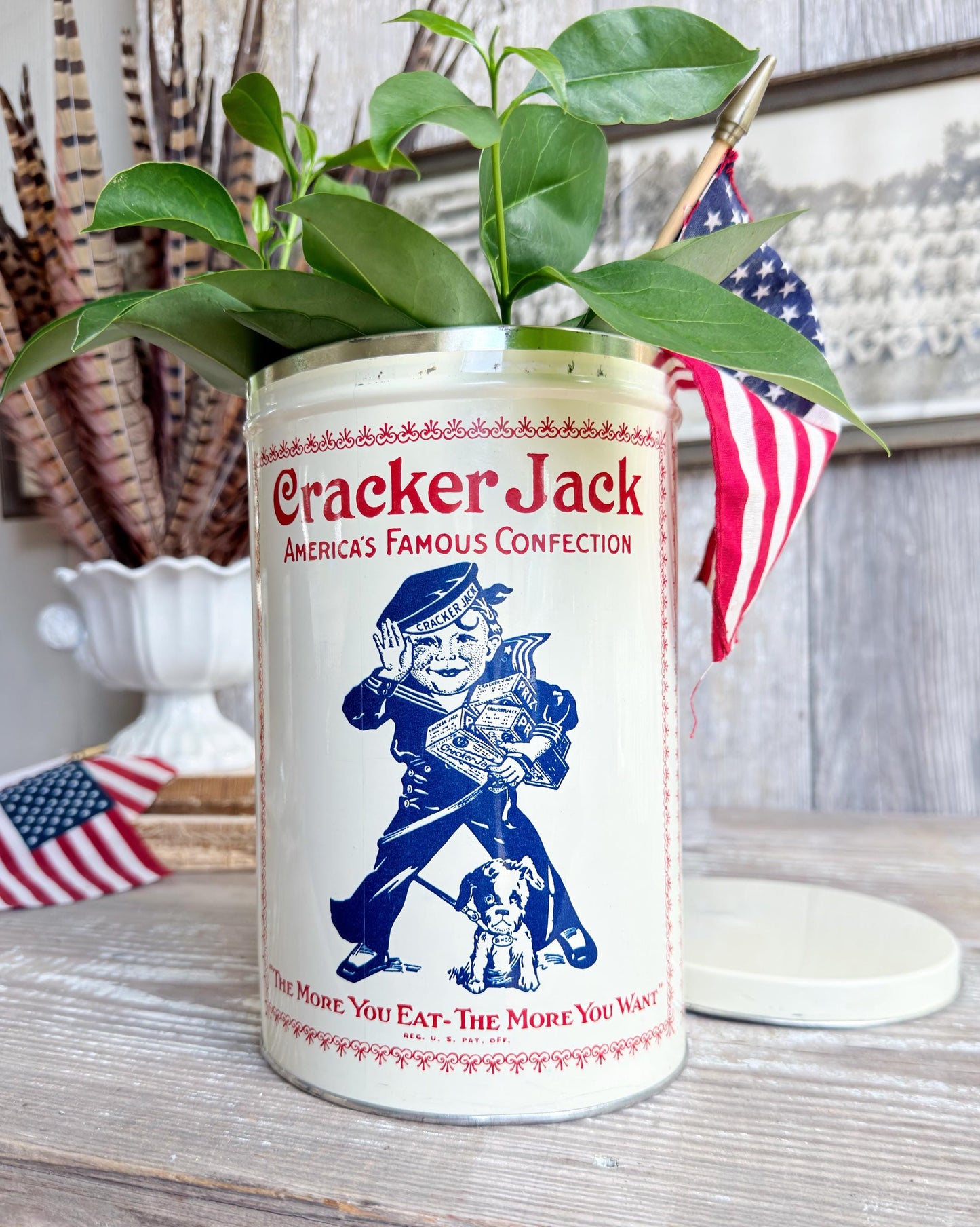 Vintage CRACKER JACK Tin Can Red White Blue Farmhouse Americana Decor