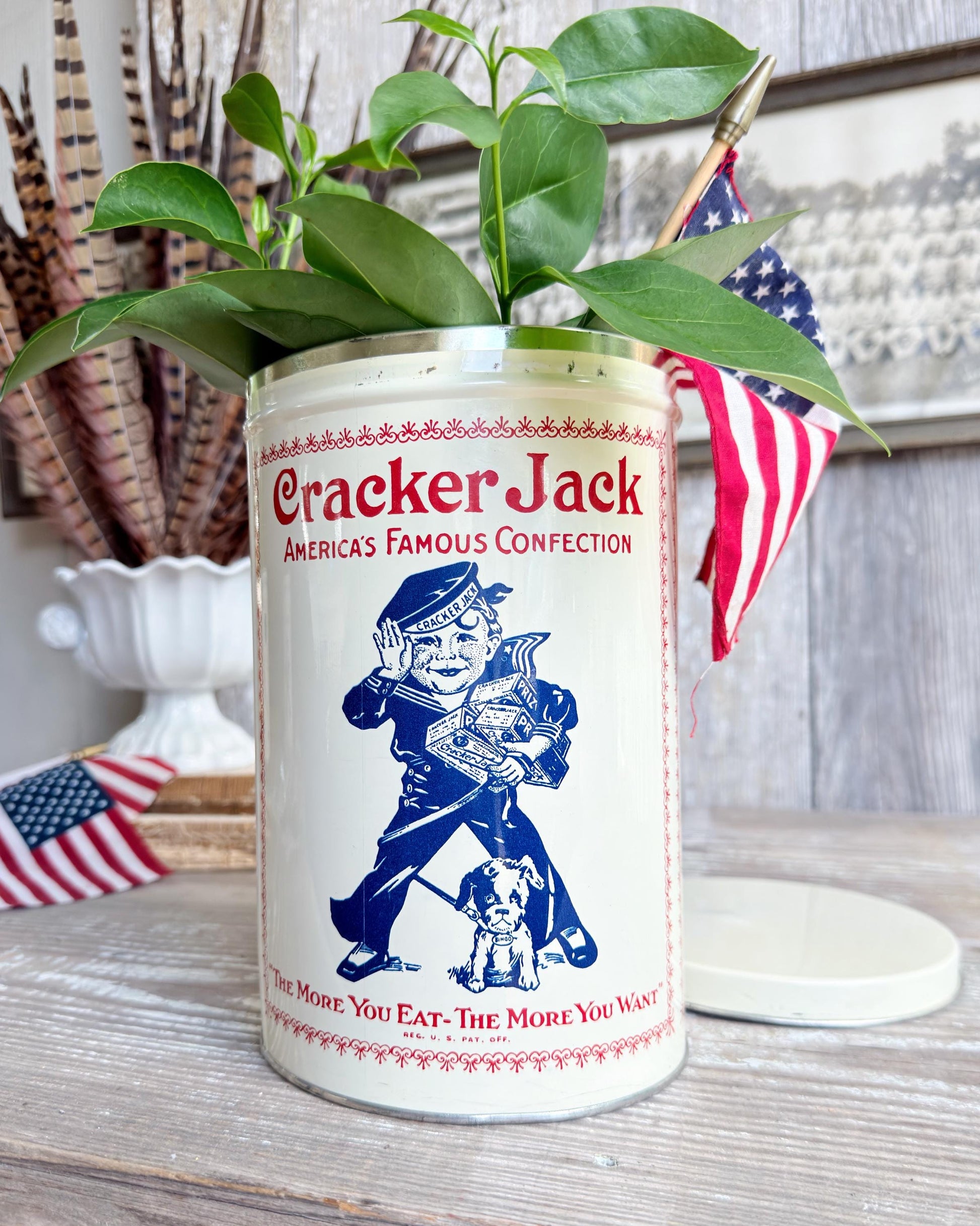 Vintage CRACKER JACK Tin Can Red White Blue Farmhouse Americana Decor