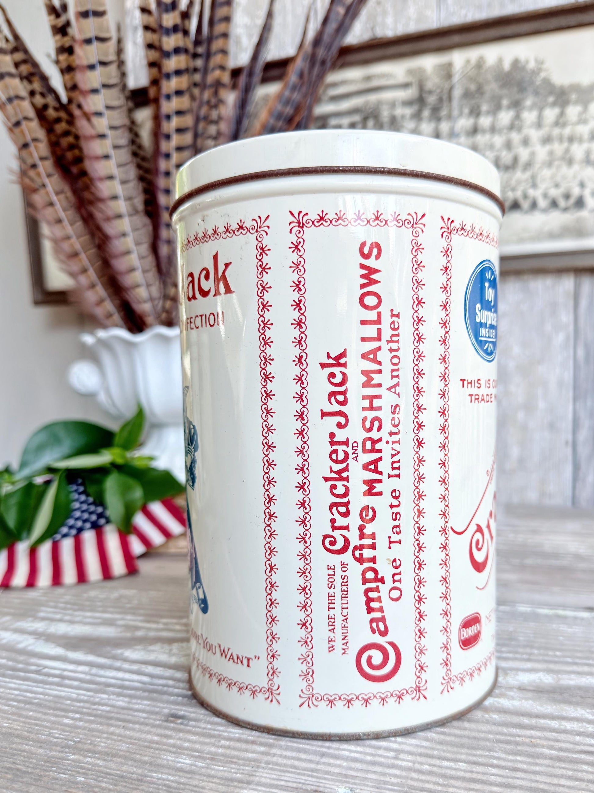 Vintage CRACKER JACK Tin Can Red White Blue Farmhouse Americana Decor