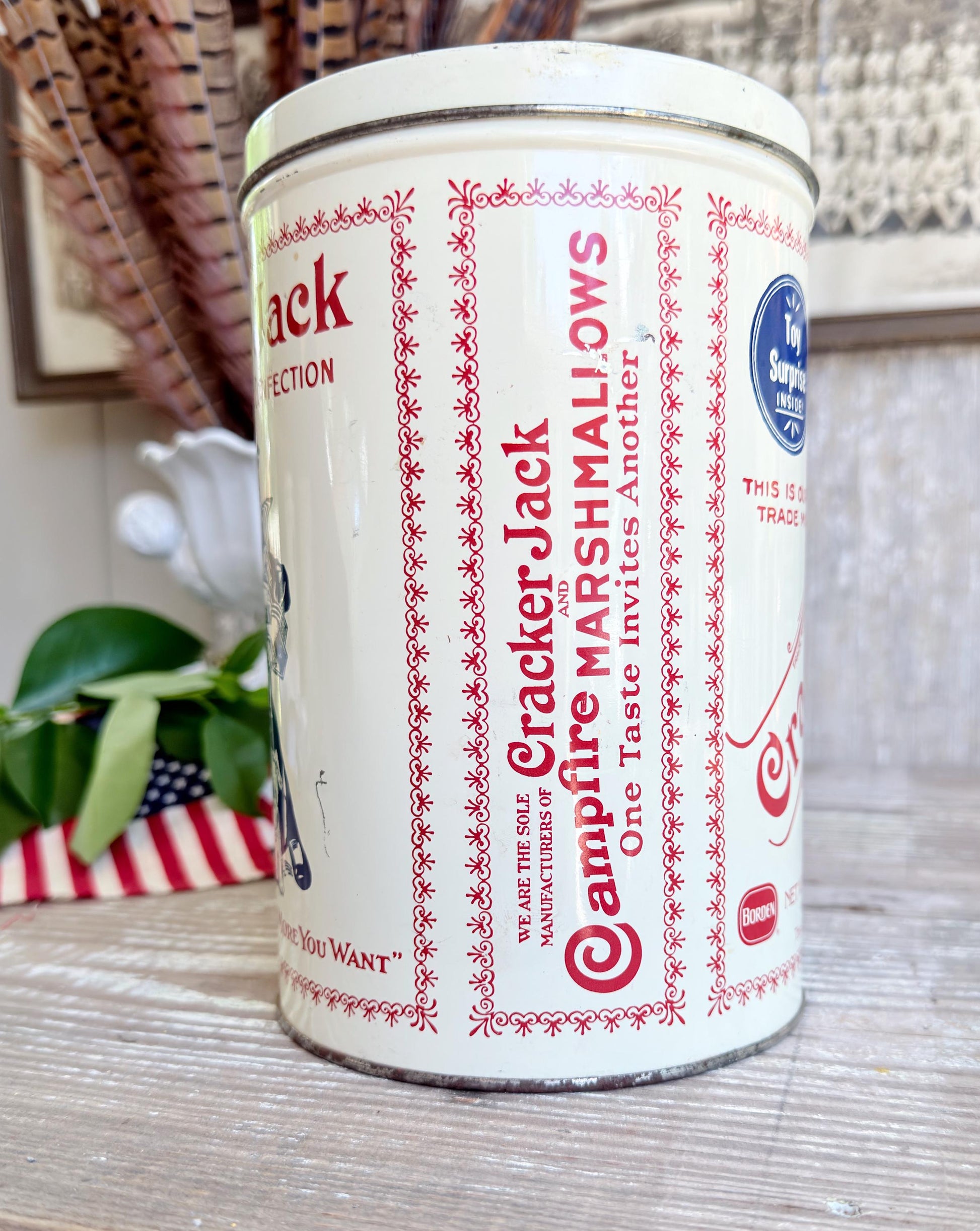 Vintage CRACKER JACK Tin Can Red White Blue Farmhouse Americana Decor