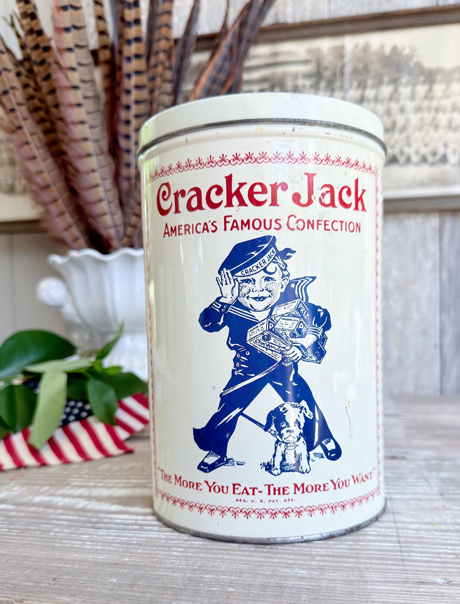 Vintage CRACKER JACK Tin Can Red White Blue Farmhouse Americana Decor