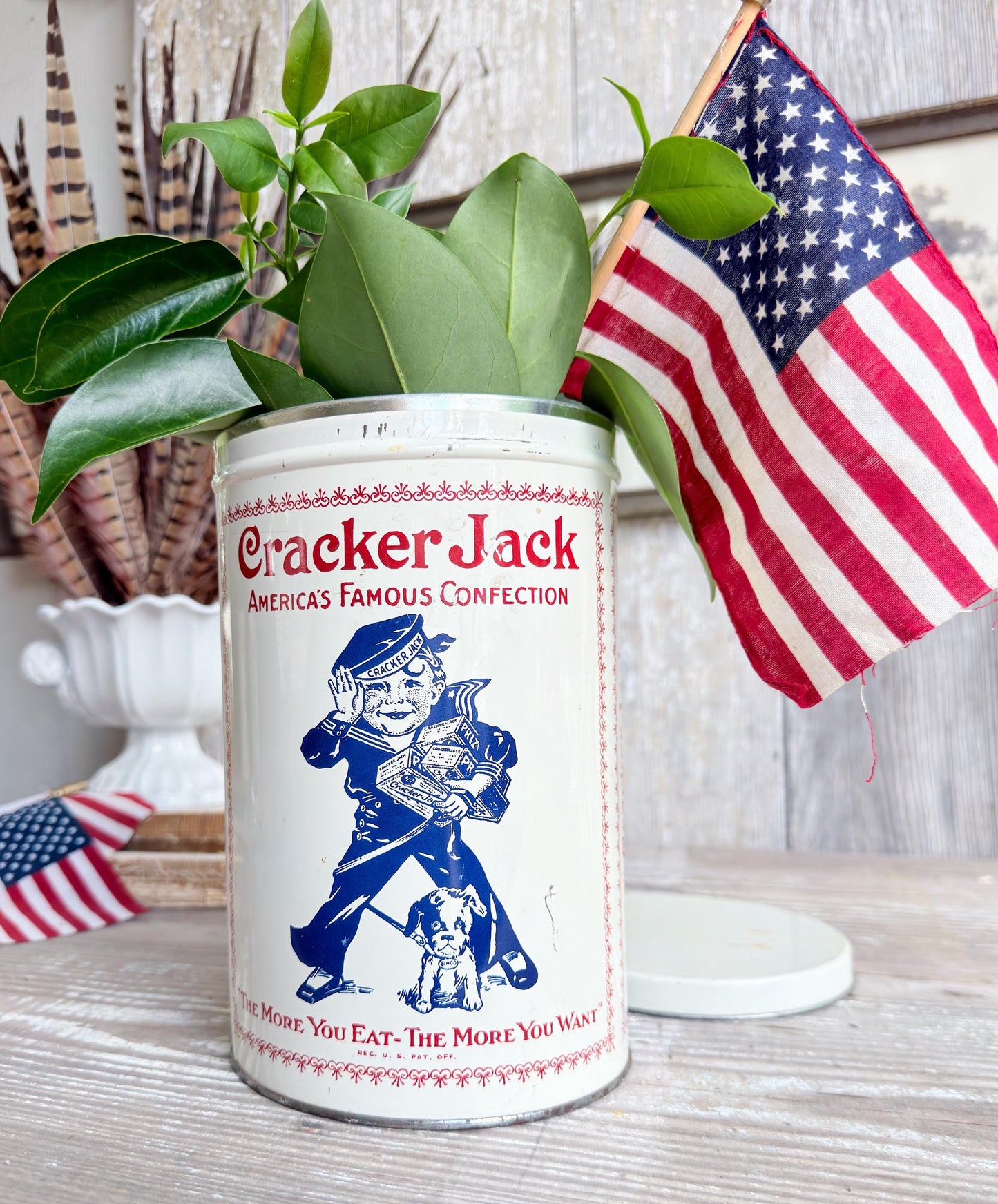 Vintage CRACKER JACK Tin Can Red White Blue Farmhouse Americana Decor