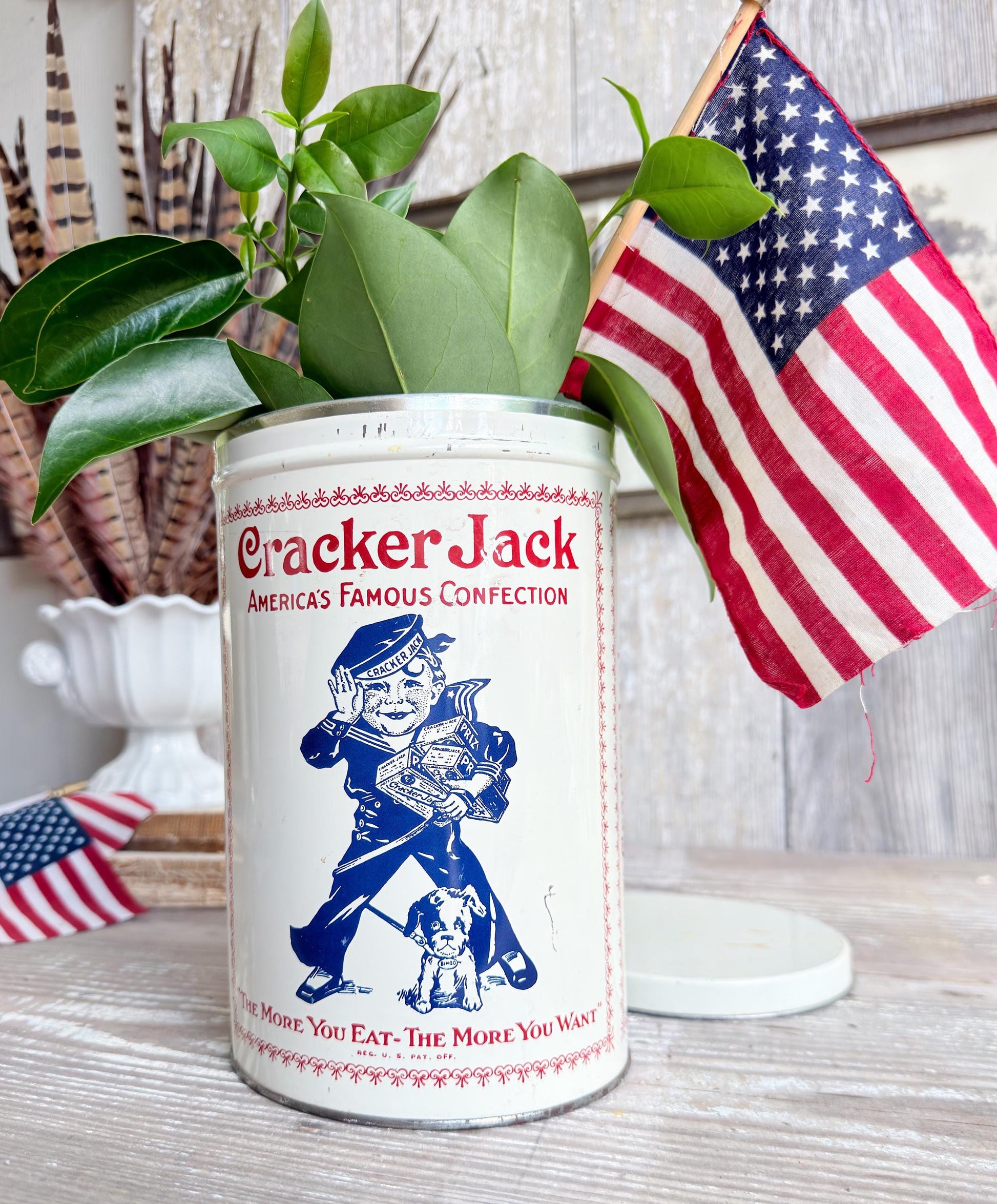 Vintage CRACKER JACK Tin Can Red White Blue Farmhouse Americana Decor