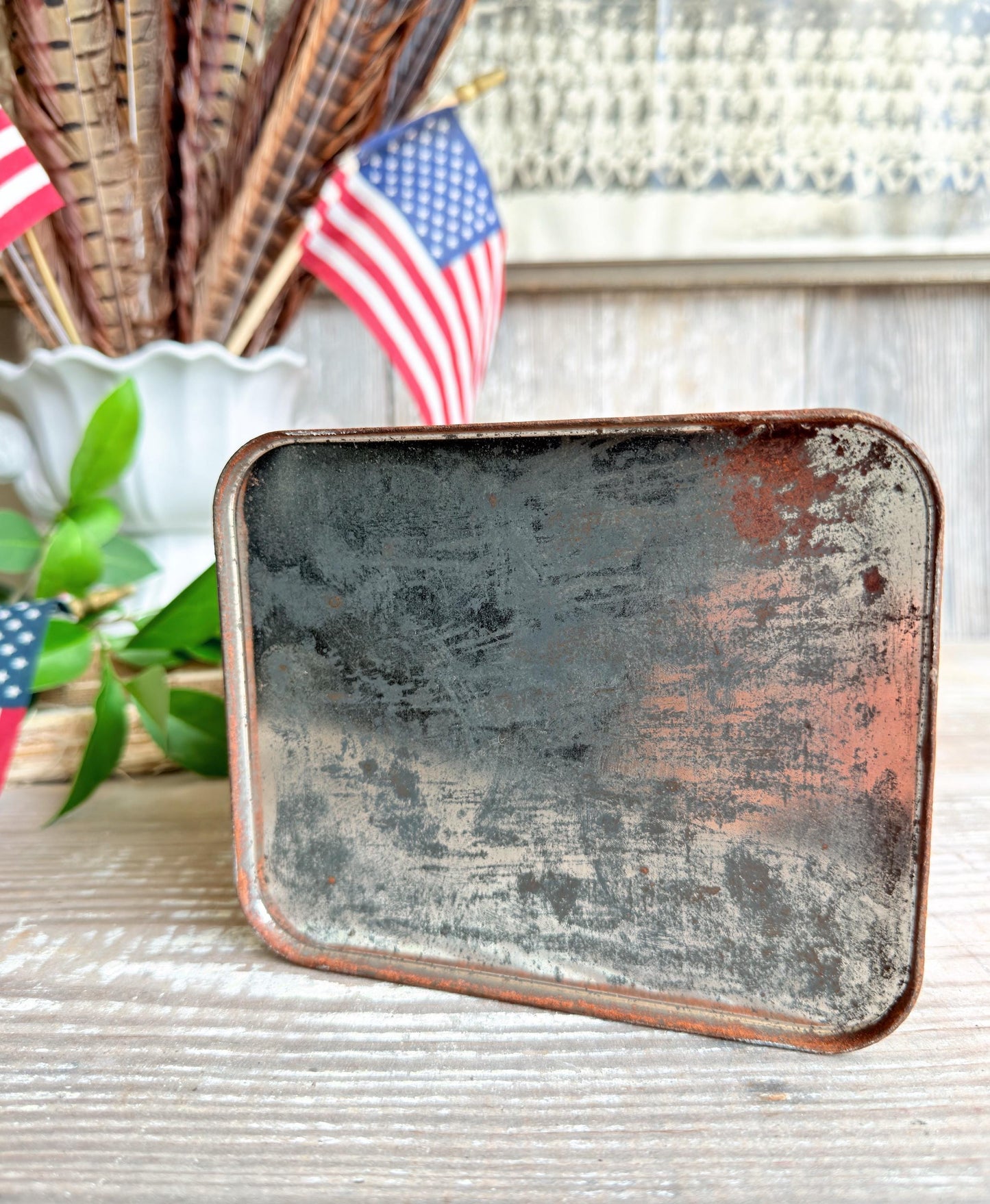 Vintage CRACKER JACK RECTANGLE Tin Can Red White Blue Farmhouse Americana Decor Rare