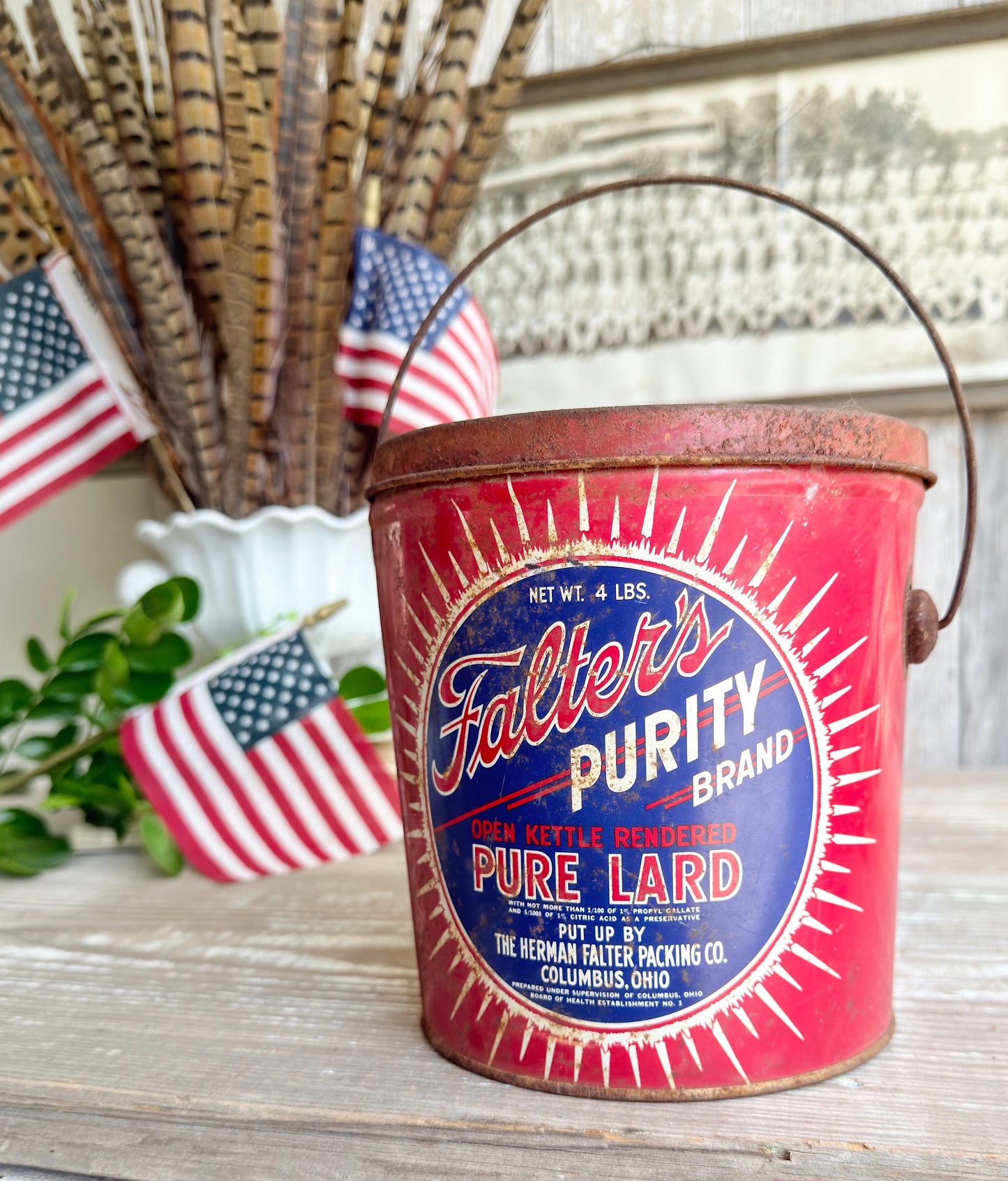 Vintage Falters Purity Lard Tin Pail 4 Pound Americana Advertising Farmhouse