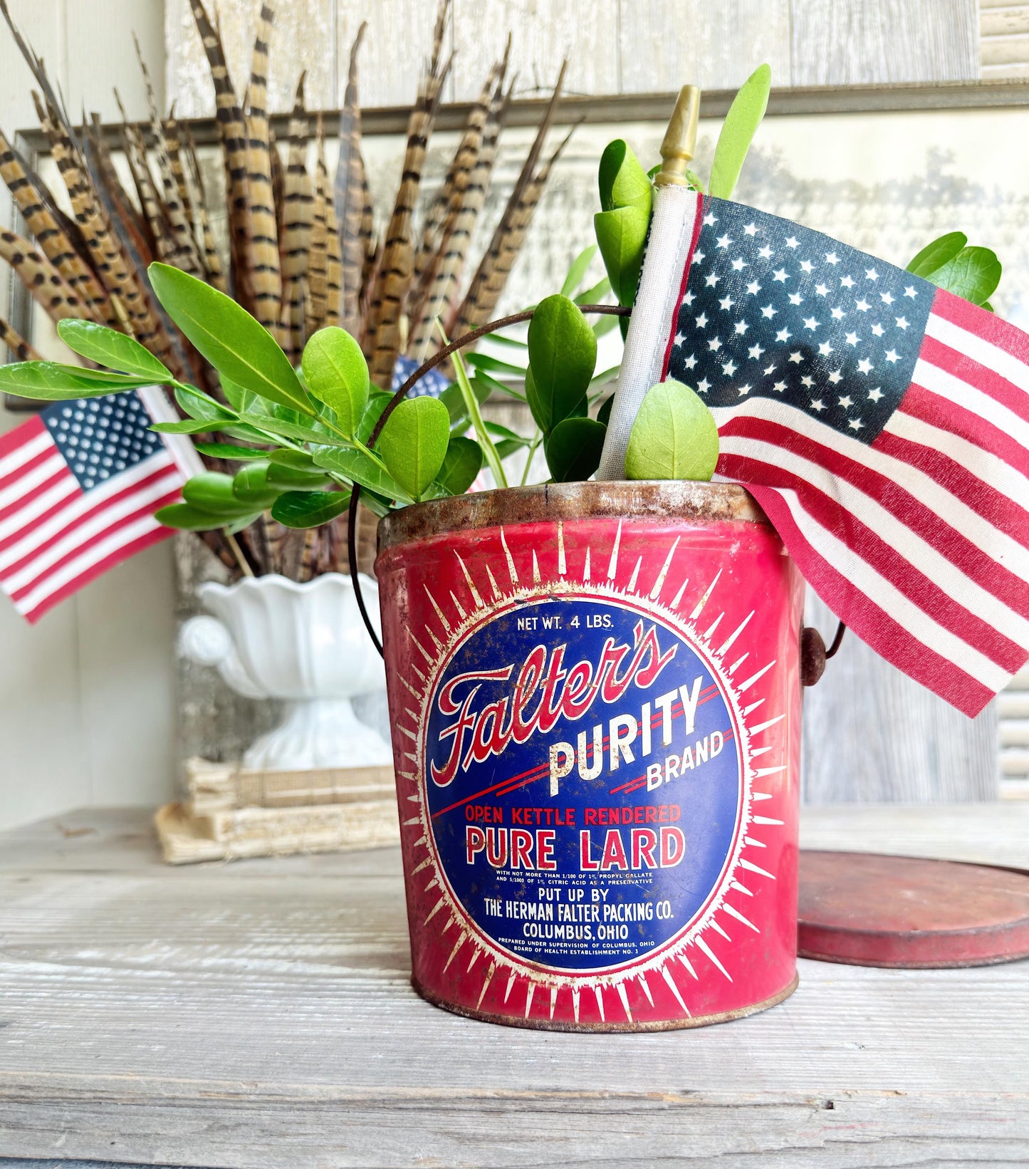 Vintage Falters Purity Lard Tin Pail 4 Pound Americana Advertising Farmhouse