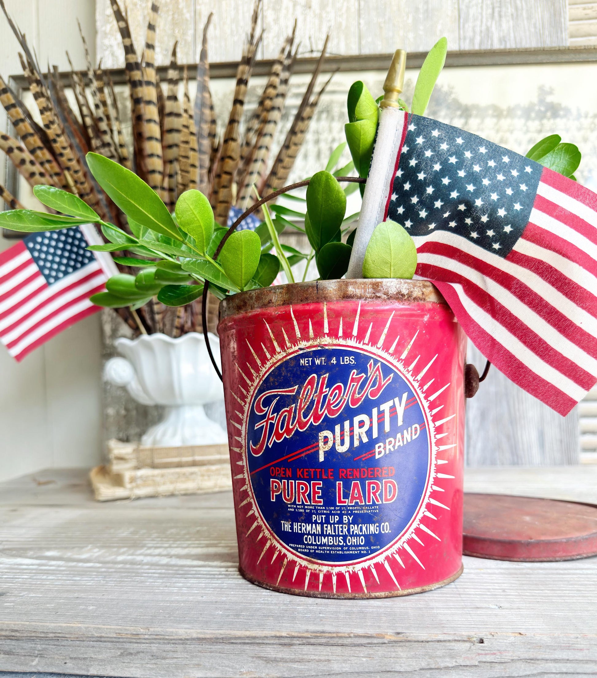 Vintage Falters Purity Lard Tin Pail 4 Pound Americana Advertising Farmhouse