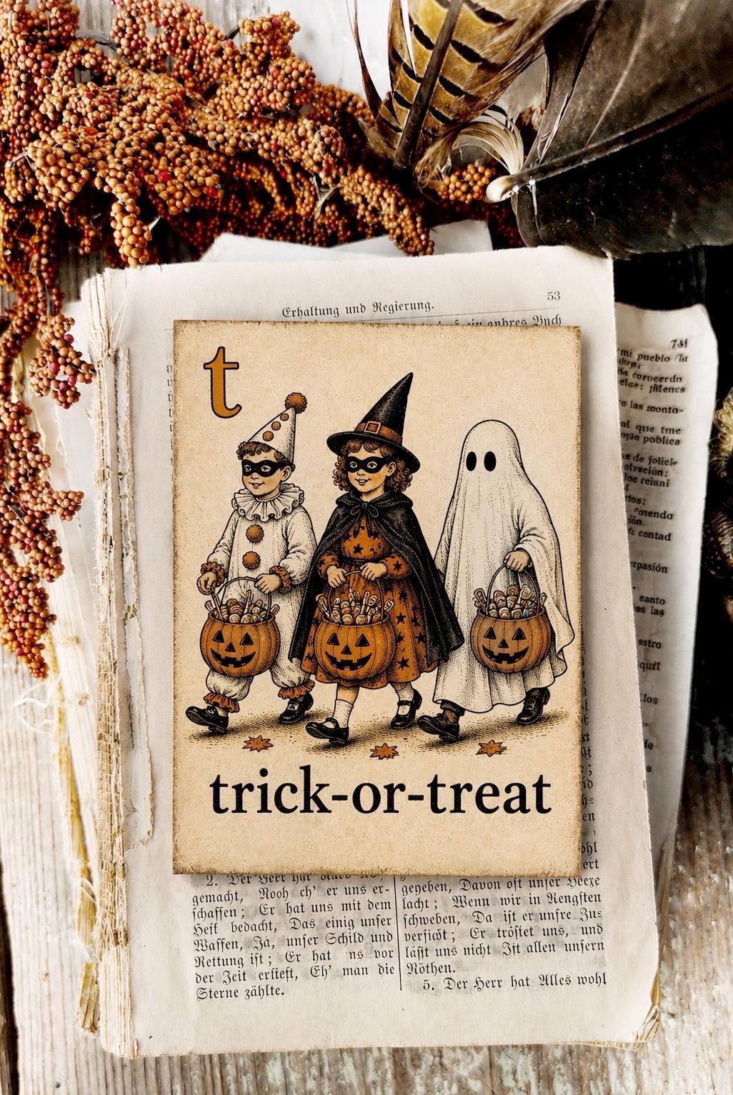 TRICK-OR-TREAT Halloween Flash Card Vintage Decor Fall Party