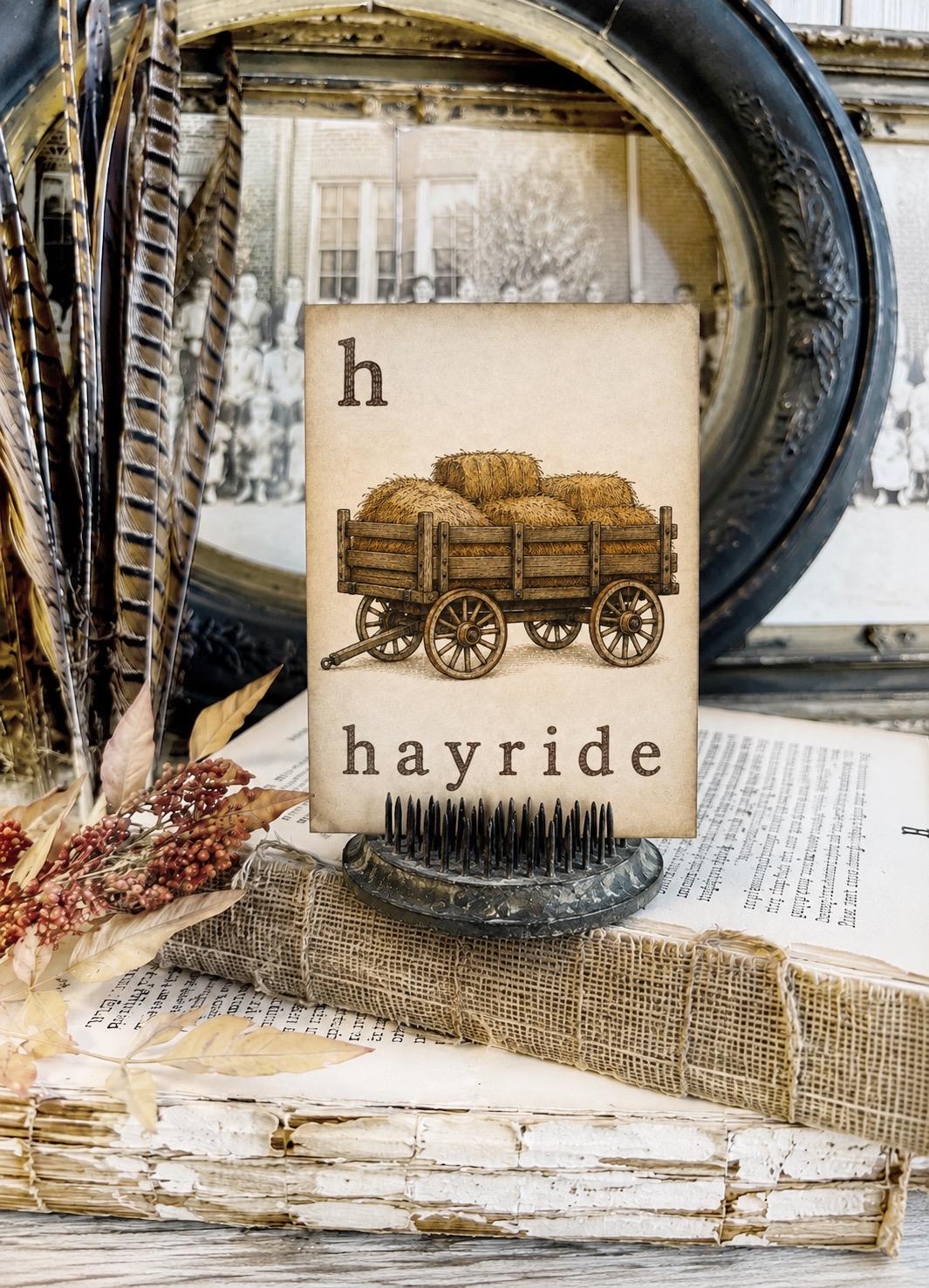 HAYRIDE Flash Card Vintage Farmhouse Fall Halloween Autumn Decor Party