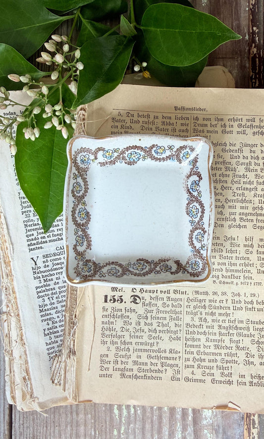 Antique SQUARE White Ironstone Butter Pat Transferware Floral Farmhouse Decor