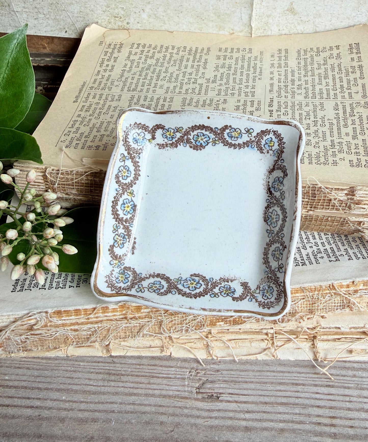 Antique SQUARE White Ironstone Butter Pat Transferware Floral Farmhouse Decor