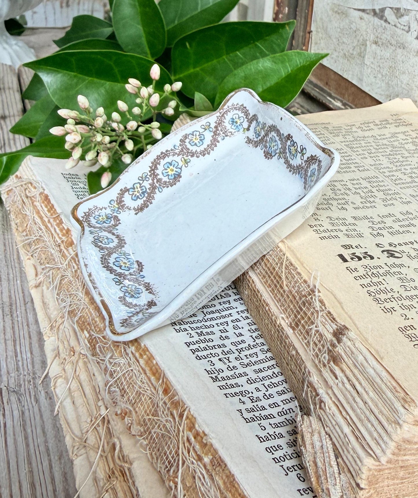 Antique SQUARE White Ironstone Butter Pat Transferware Floral Farmhouse Decor