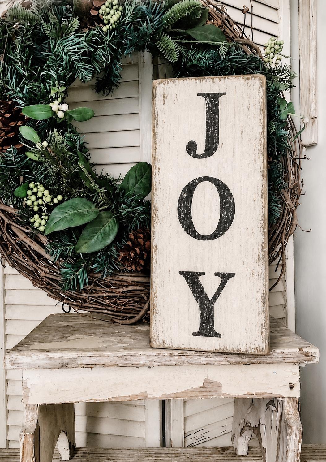 JOY Christmas Farmhouse Sign Painted Salvage Barn Wood Reclaimed Primitive White Chippy Paint Architectural Farmhouse Decor