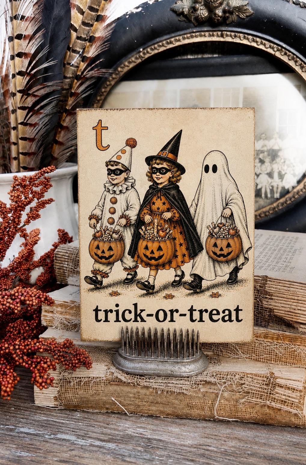 TRICK-OR-TREAT Halloween Flash Card Vintage Decor Fall Party