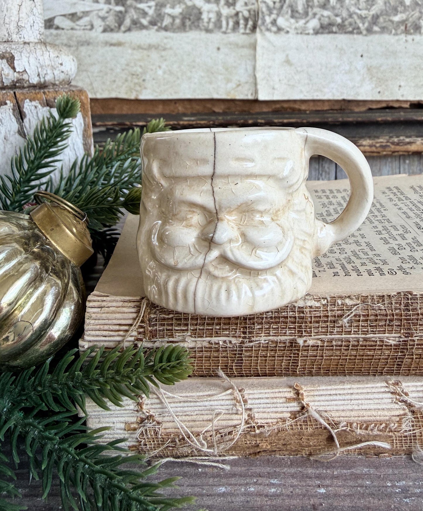 Vintage Ironstone Santa Claus Cup Mini Mug Santa Crazed Stained WHITE Farmhouse Christmas Decor JAPAN