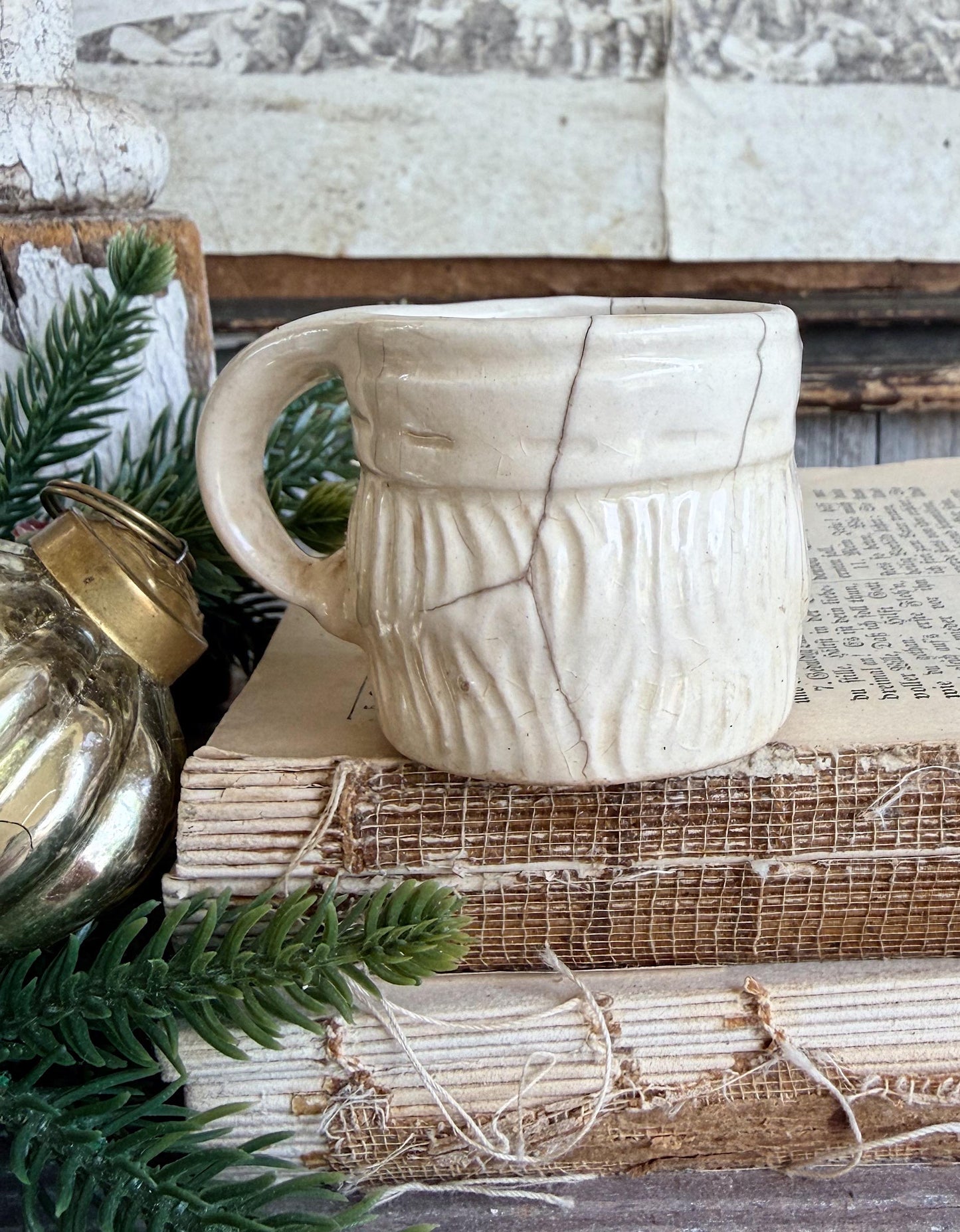Vintage Ironstone Santa Claus Cup Mini Mug Santa Crazed Stained WHITE Farmhouse Christmas Decor JAPAN
