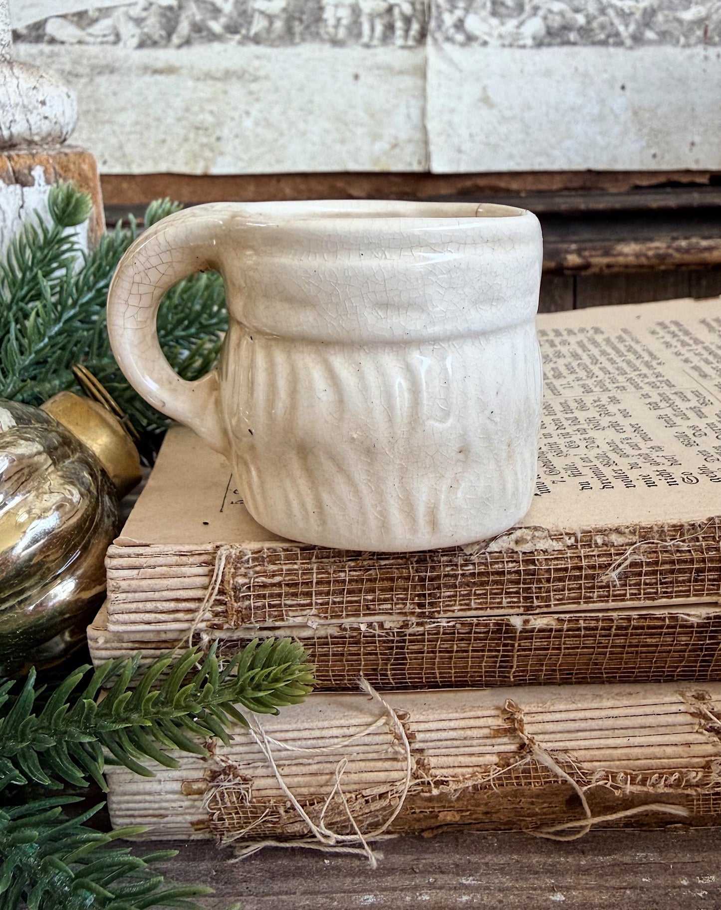 Vintage Ironstone Santa Claus Cup Mini Mug Santa Crazed Stained WHITE Farmhouse Christmas Decor JAPAN