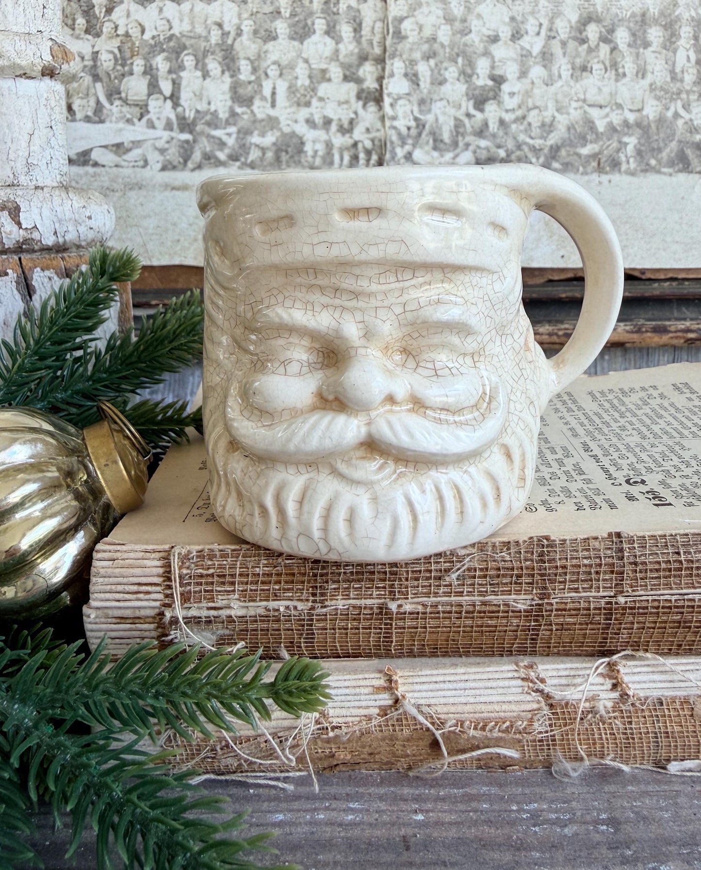 Vintage Ironstone Santa Claus Cup Mug FULL SIZE Creamy White Santa Farmhouse Christmas Decor RARE Japan Crazing Grungy Heavily Crazed