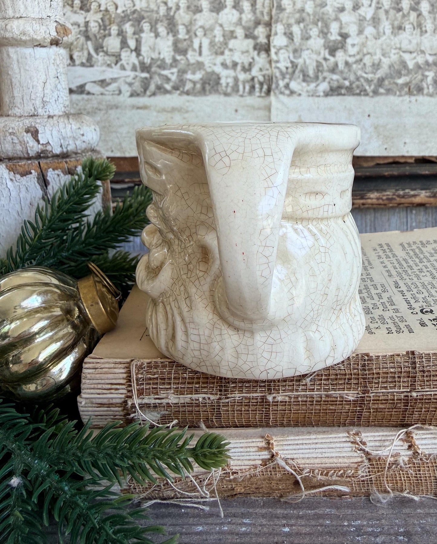 Vintage Ironstone Santa Claus Cup Mug FULL SIZE Creamy White Santa Farmhouse Christmas Decor RARE Japan Crazing Grungy Heavily Crazed