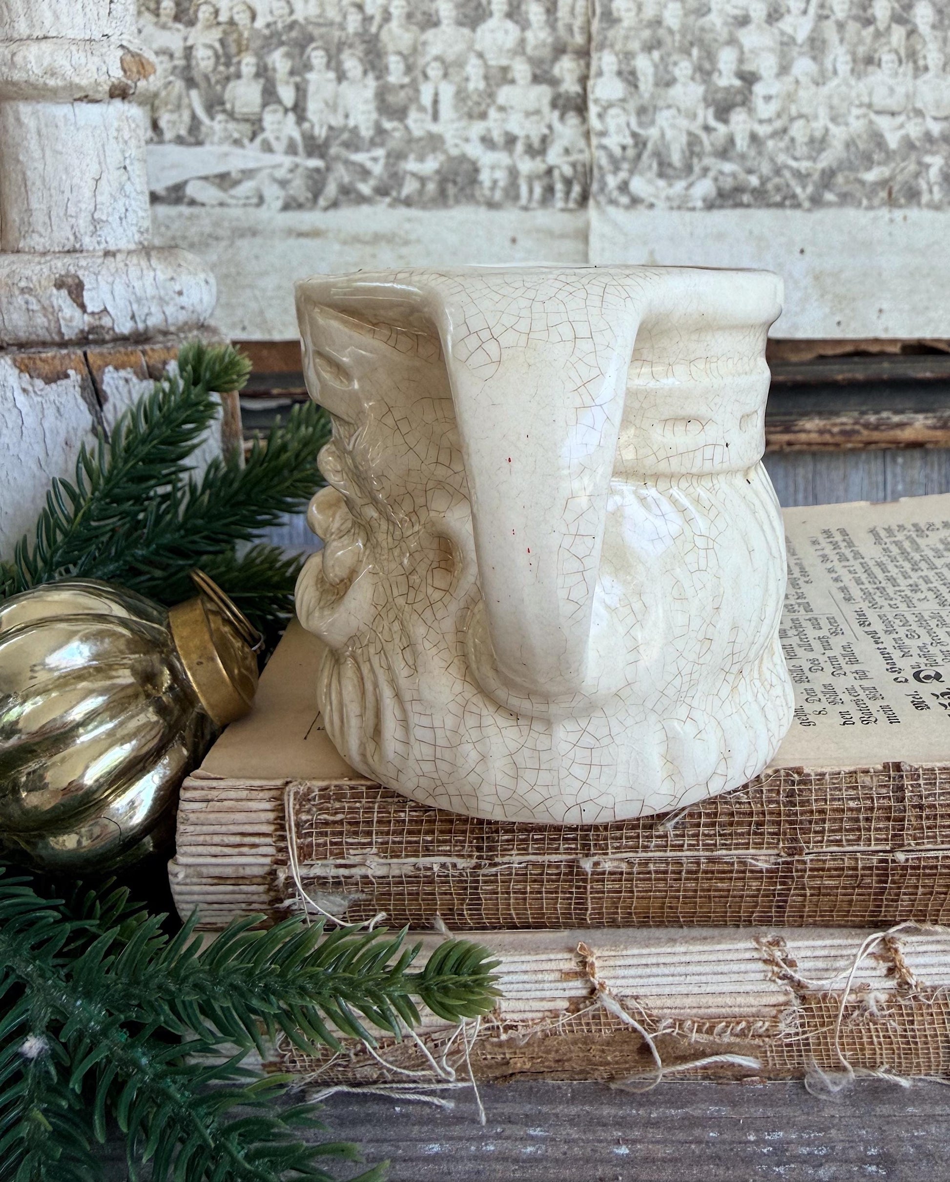Vintage Ironstone Santa Claus Cup Mug FULL SIZE Creamy White Santa Farmhouse Christmas Decor RARE Japan Crazing Grungy Heavily Crazed