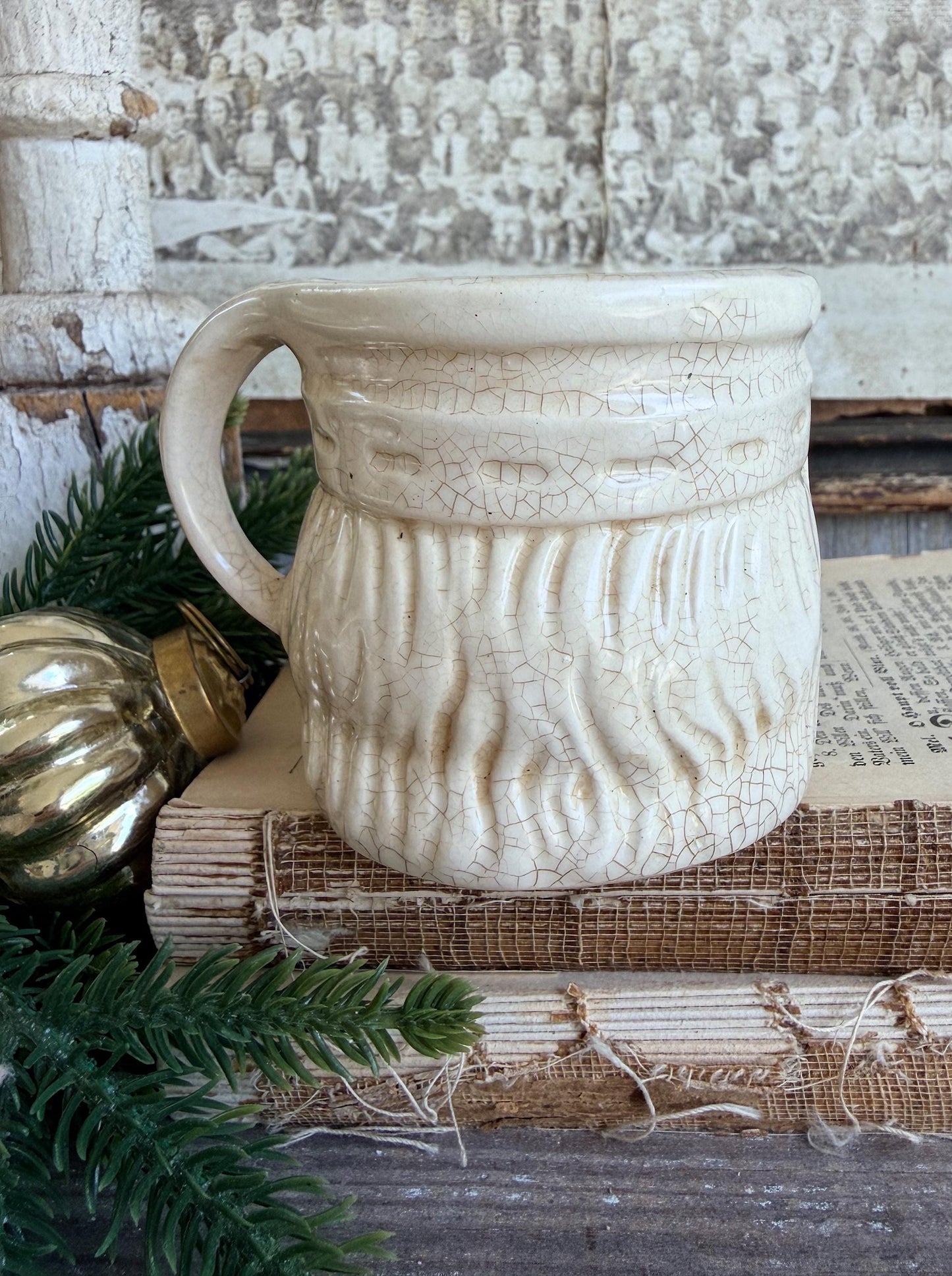 Vintage Ironstone Santa Claus Cup Mug FULL SIZE Creamy White Santa Farmhouse Christmas Decor RARE Japan Crazing Grungy Heavily Crazed