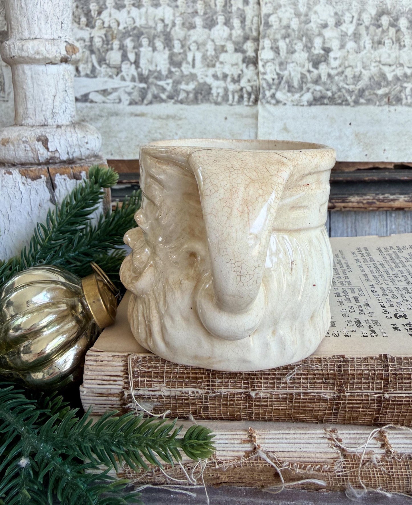 Vintage Ironstone Santa Claus Cup Mug FULL SIZE Creamy White Santa Farmhouse Christmas Decor RARE Japan Crazing Grungy Heavily Crazed