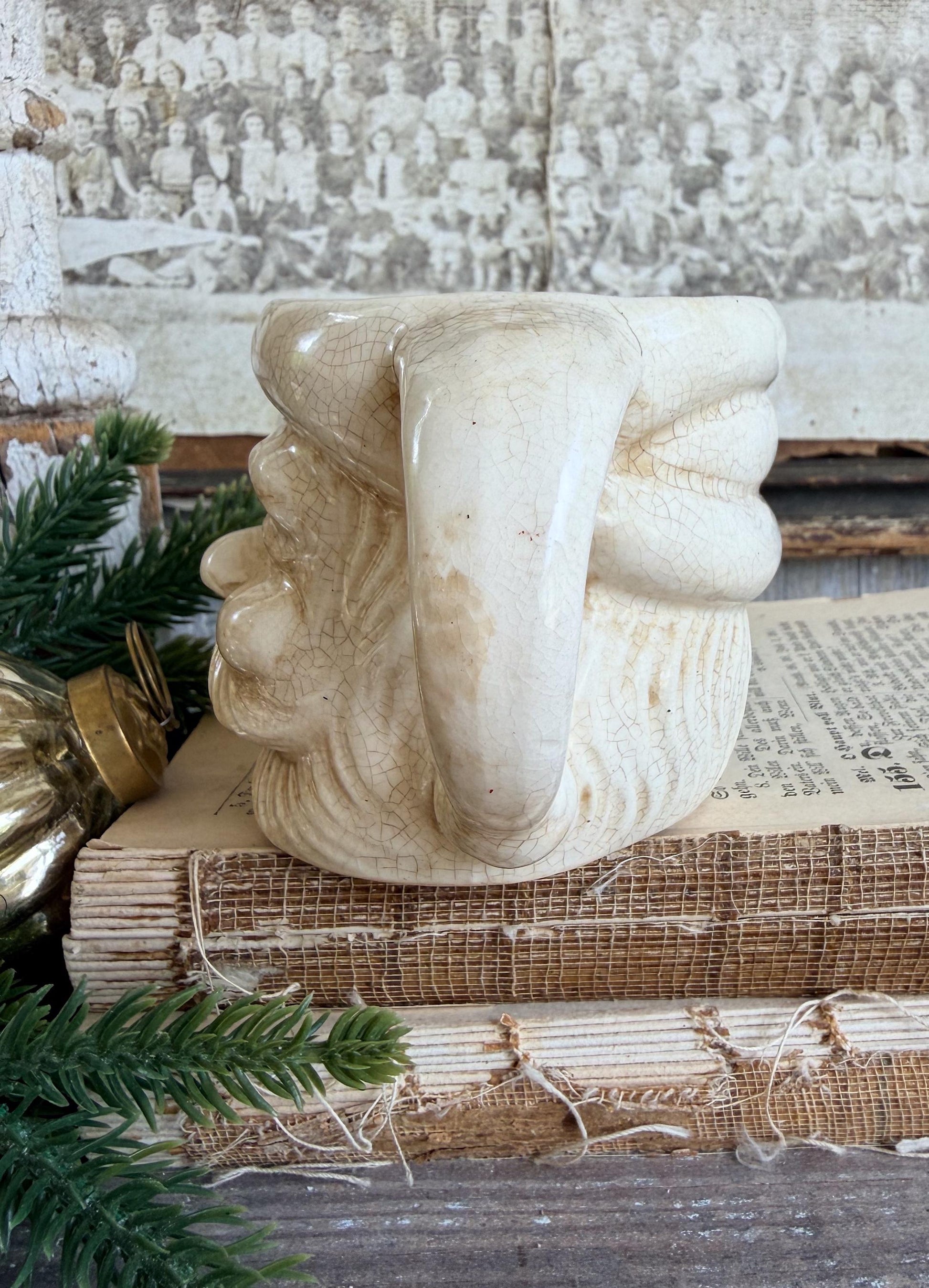 Vintage Ironstone Santa Claus Cup Mug FULL SIZE Creamy White Santa Farmhouse Christmas Decor RARE Japan Crazing Grungy Crazed