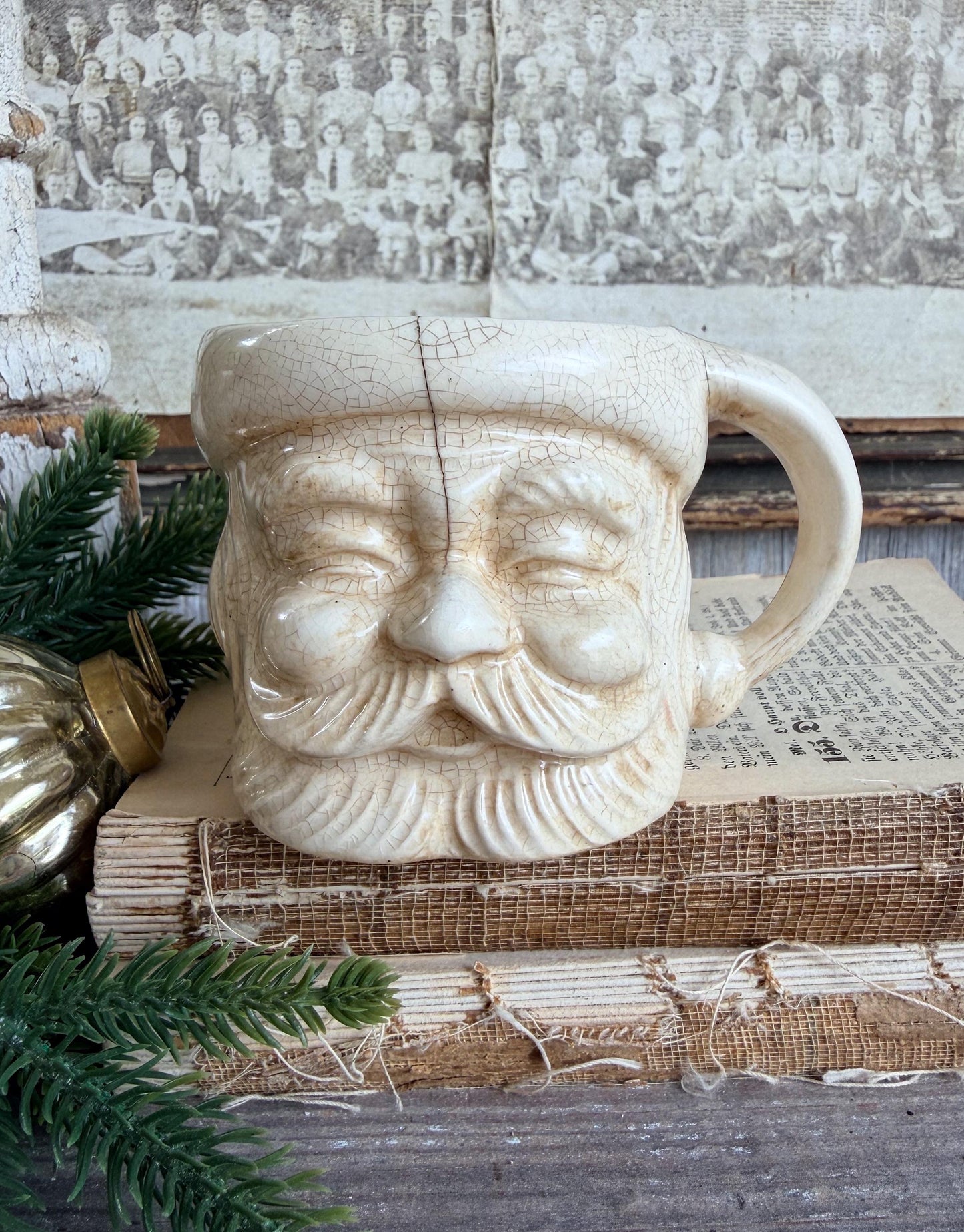 Vintage Ironstone Santa Claus Cup Mug FULL SIZE Creamy White Santa Farmhouse Christmas Decor RARE Japan Crazing Grungy Crazed