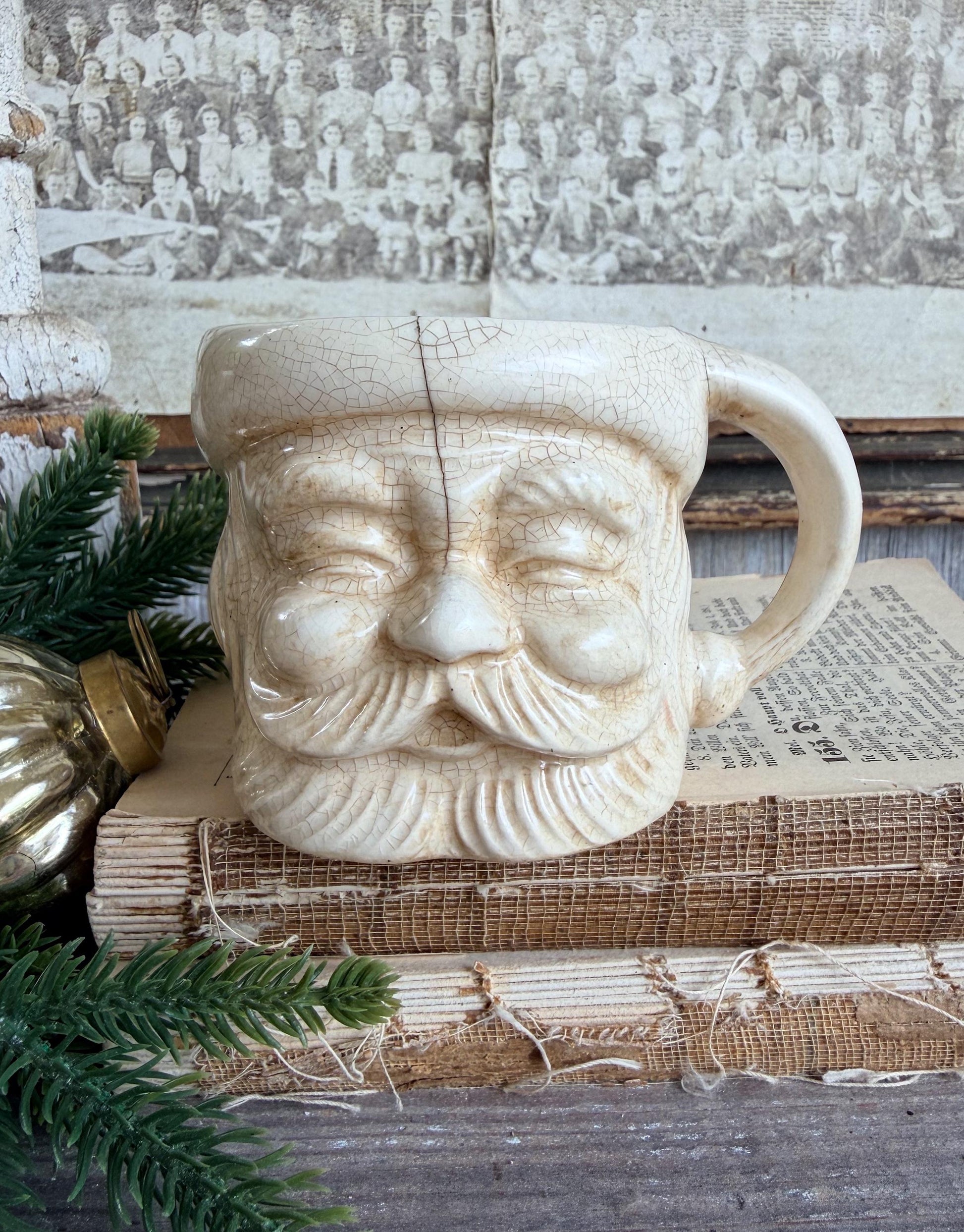 Vintage Ironstone Santa Claus Cup Mug FULL SIZE Creamy White Santa Farmhouse Christmas Decor RARE Japan Crazing Grungy Crazed