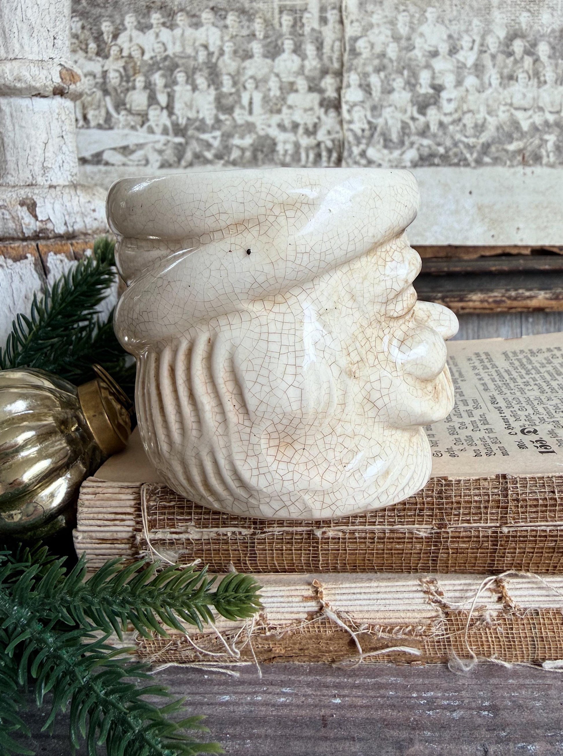 Vintage Ironstone Santa Claus Cup Mug FULL SIZE Creamy White Santa Farmhouse Christmas Decor RARE Japan Crazing Grungy Crazed