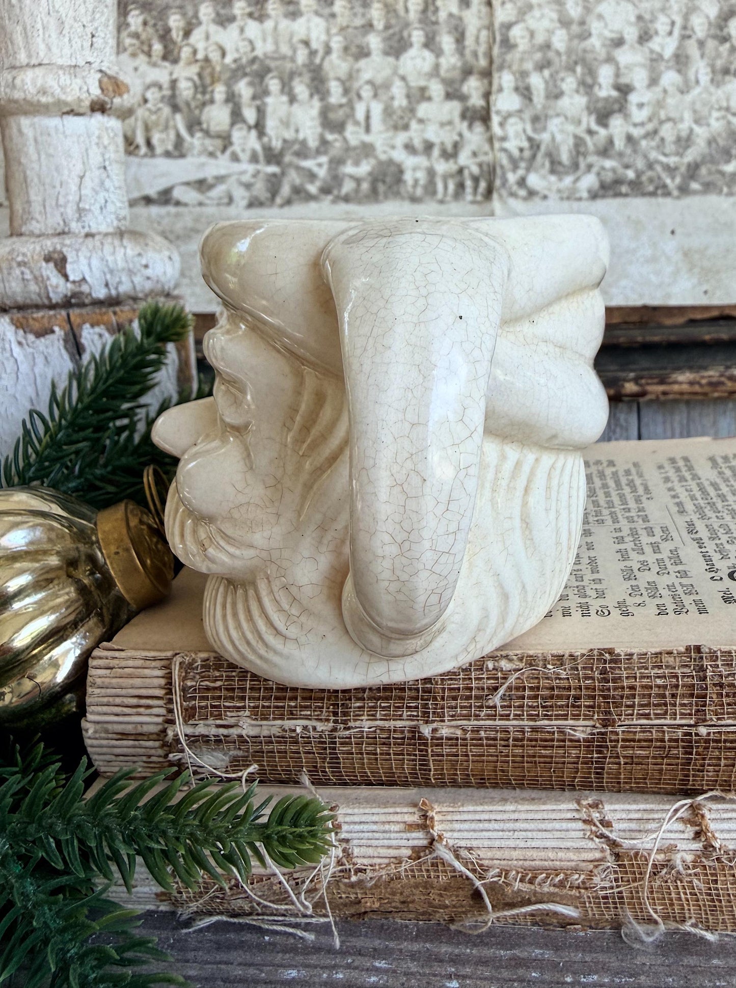 Vintage Ironstone Santa Claus Cup Mug FULL SIZE Creamy White Santa Farmhouse Christmas Decor RARE Japan Crazing Grungy Crazed