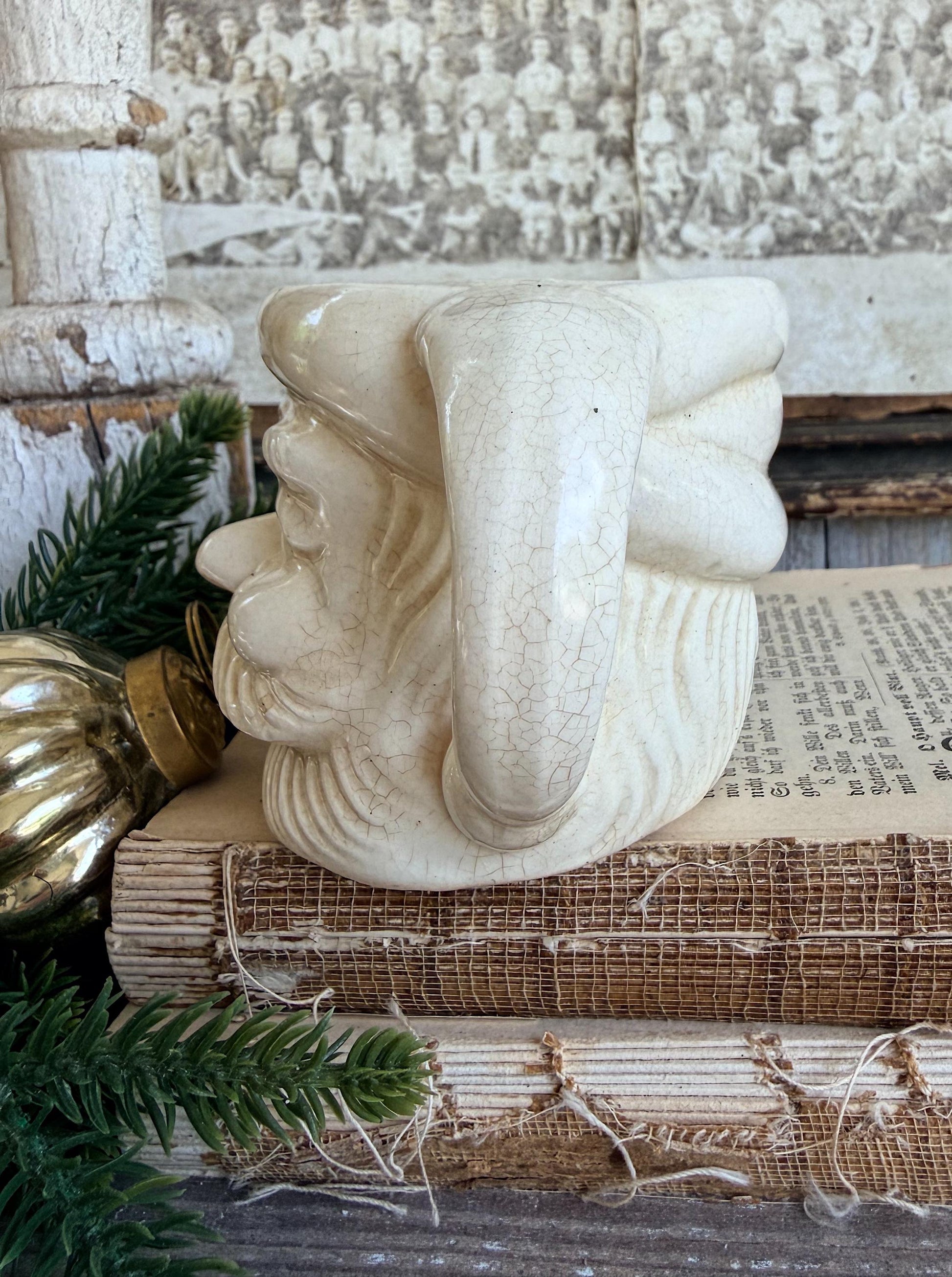 Vintage Ironstone Santa Claus Cup Mug FULL SIZE Creamy White Santa Farmhouse Christmas Decor RARE Japan Crazing Grungy Crazed